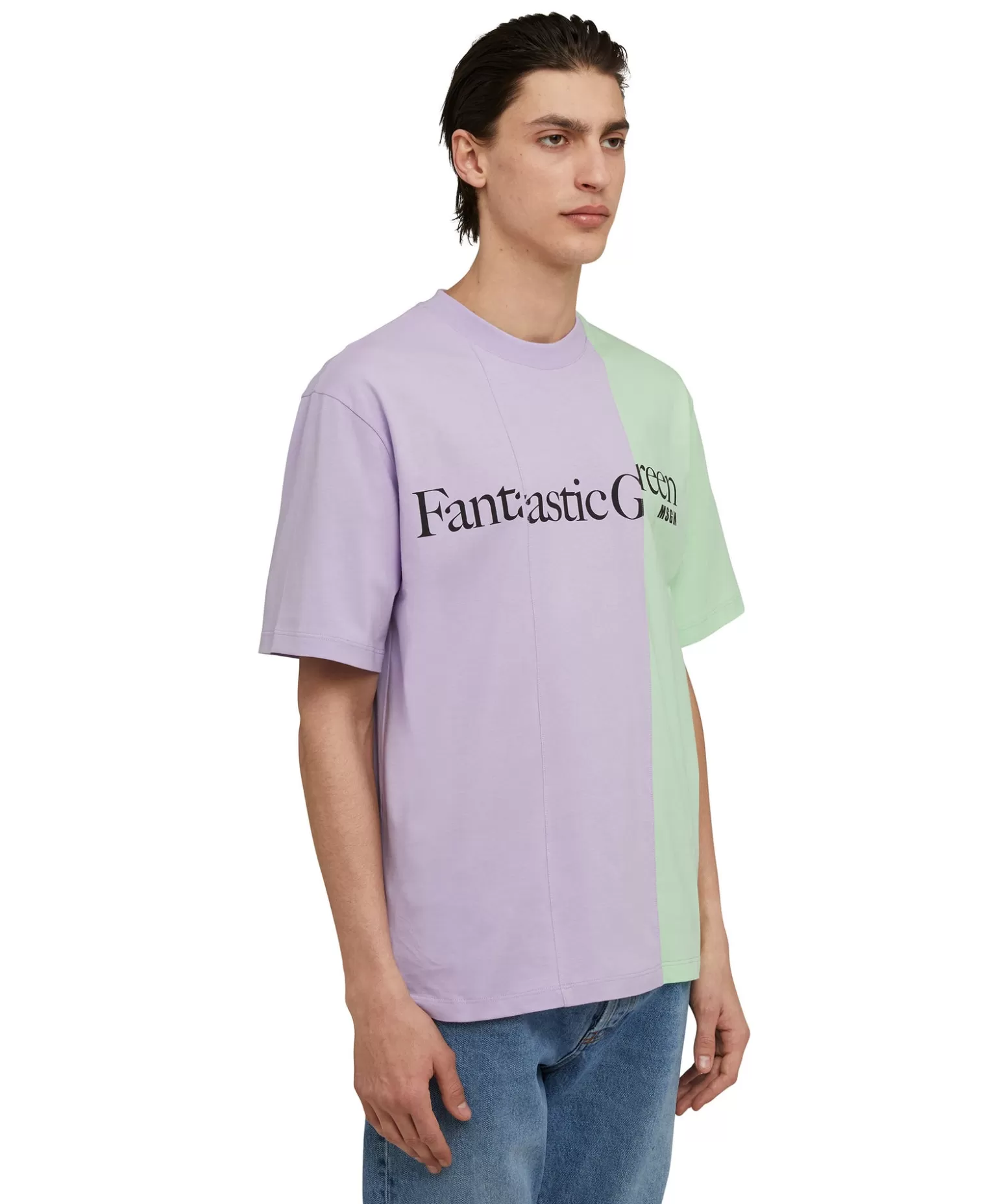 Uomo MSGM T-Shirt Girocollo Bicolore In Cotone Organico Della Capsule Fantastic Green