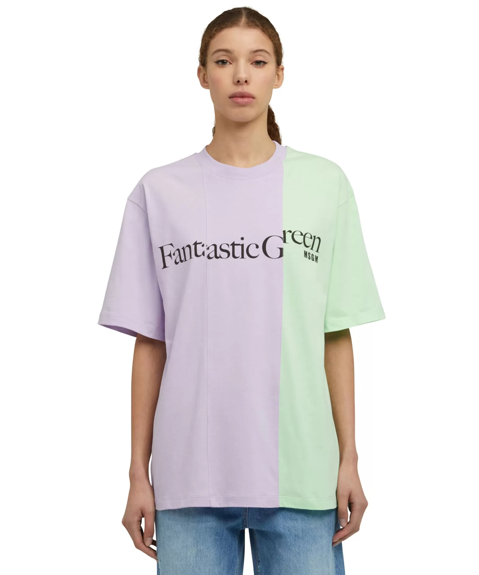 Uomo MSGM T-Shirt Girocollo Bicolore In Cotone Organico Della Capsule Fantastic Green