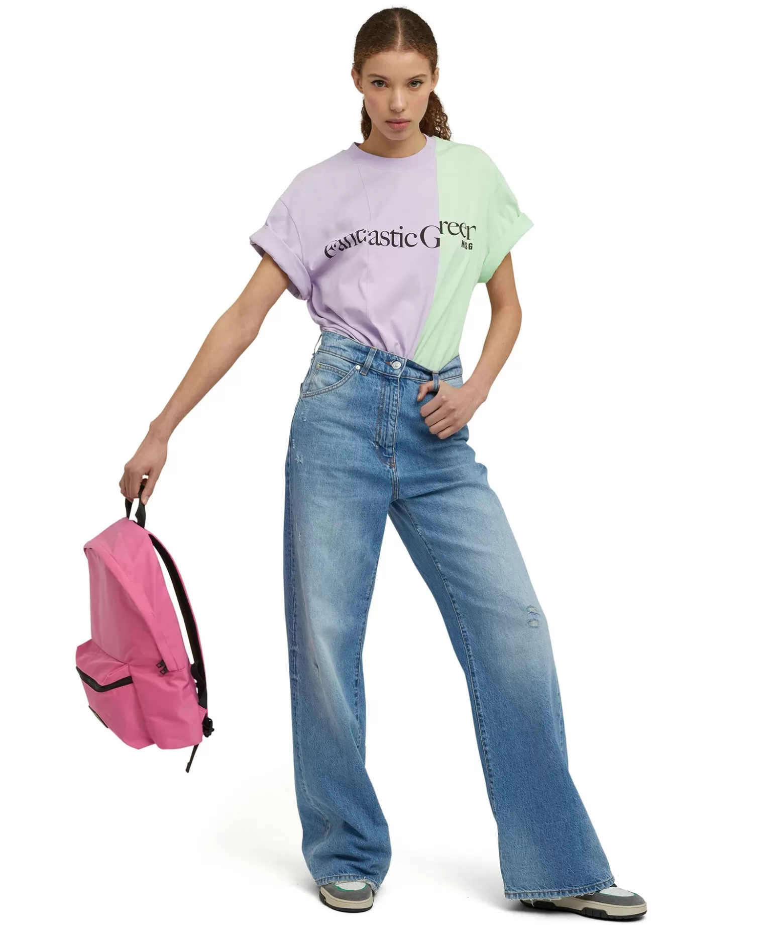 Donna MSGM T-Shirt Girocollo Bicolore In Cotone Organico Della Capsule Fantastic Green