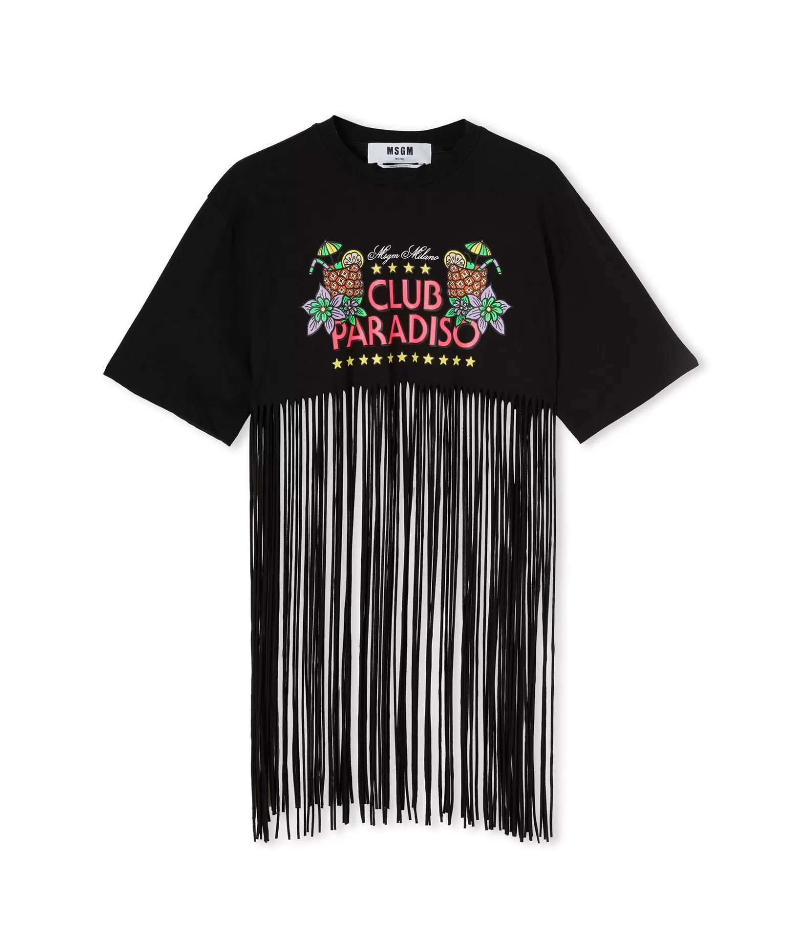Donna MSGM T-Shirt Girocollo Crop Con Frange In Cotone Con Grafica "Club Paradiso"