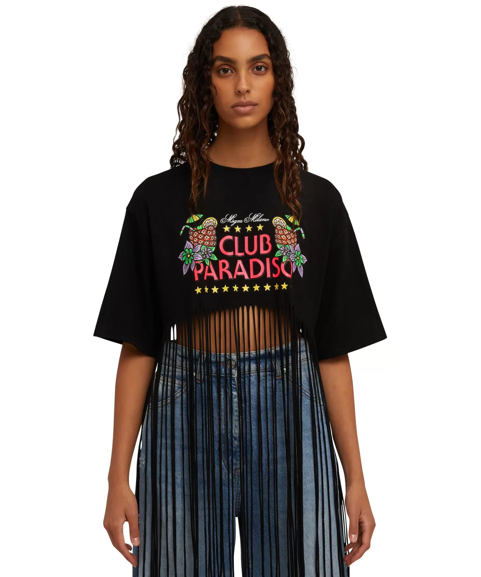Donna MSGM T-Shirt Girocollo Crop Con Frange In Cotone Con Grafica "Club Paradiso"