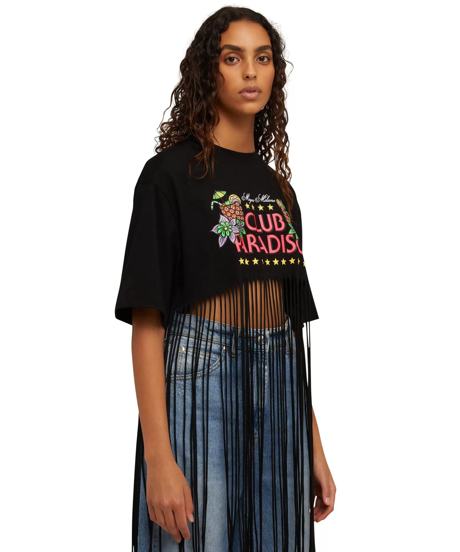 Donna MSGM T-Shirt Girocollo Crop Con Frange In Cotone Con Grafica "Club Paradiso"