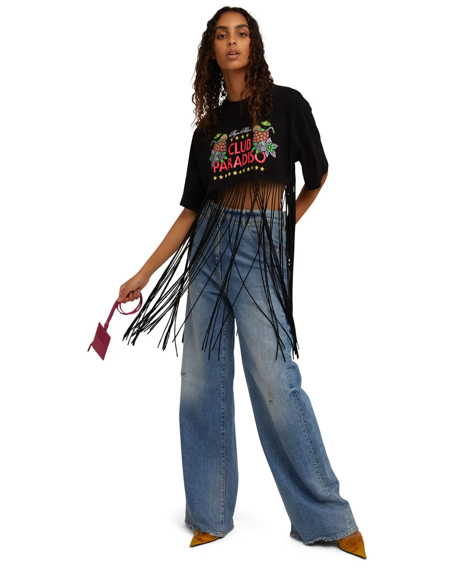 Donna MSGM T-Shirt Girocollo Crop Con Frange In Cotone Con Grafica "Club Paradiso"