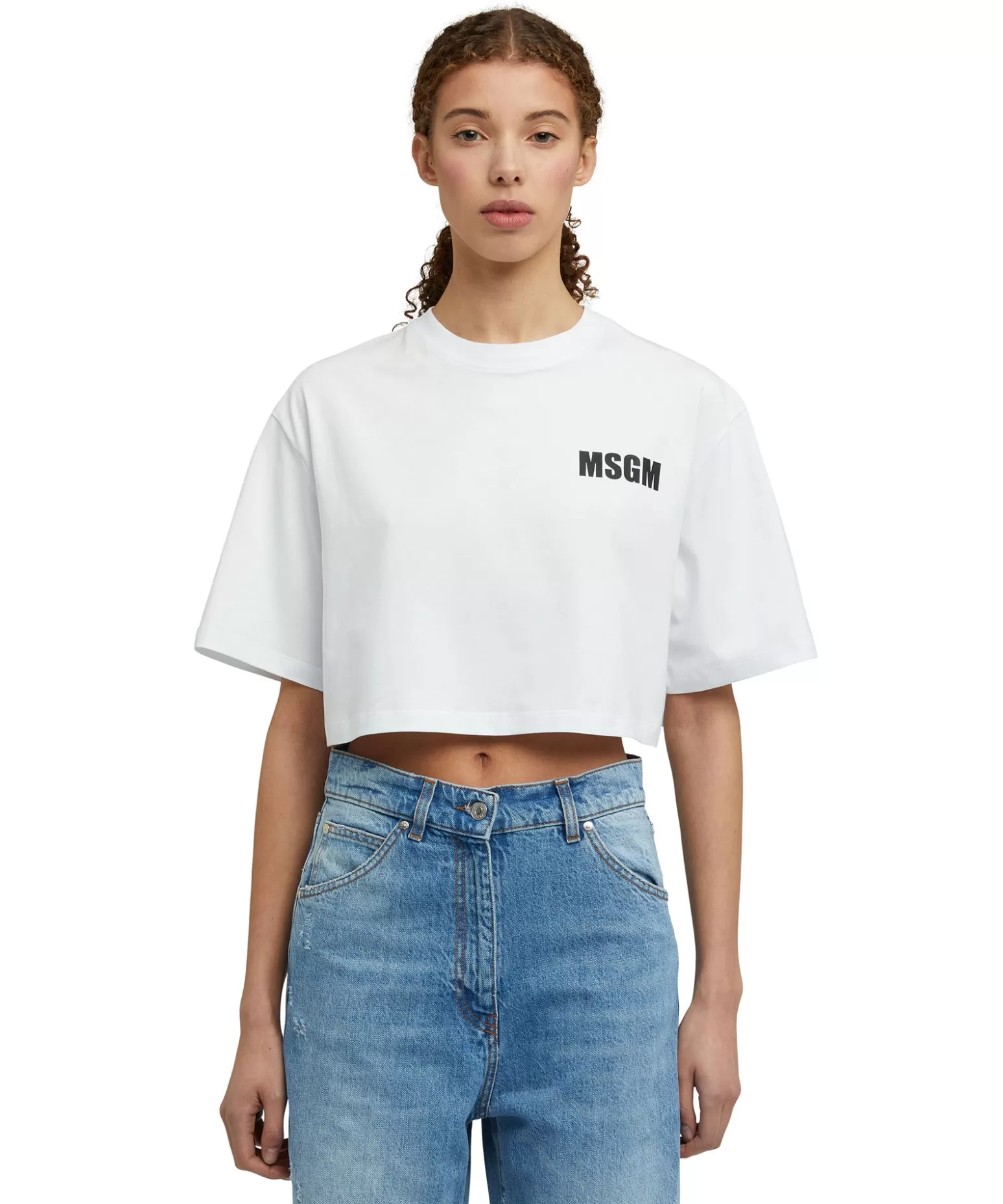 Donna MSGM T-Shirt Girocollo Crop In Cotone Con Logo E Quote