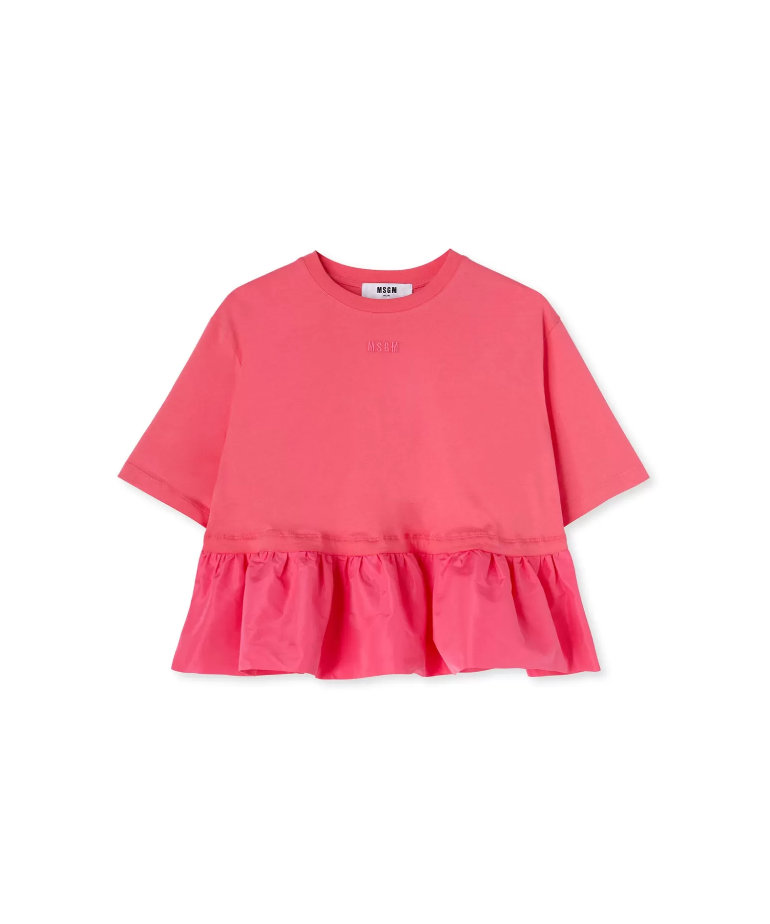 Donna MSGM T-Shirt Girocollo In Cotone Con Balza In Taffeta