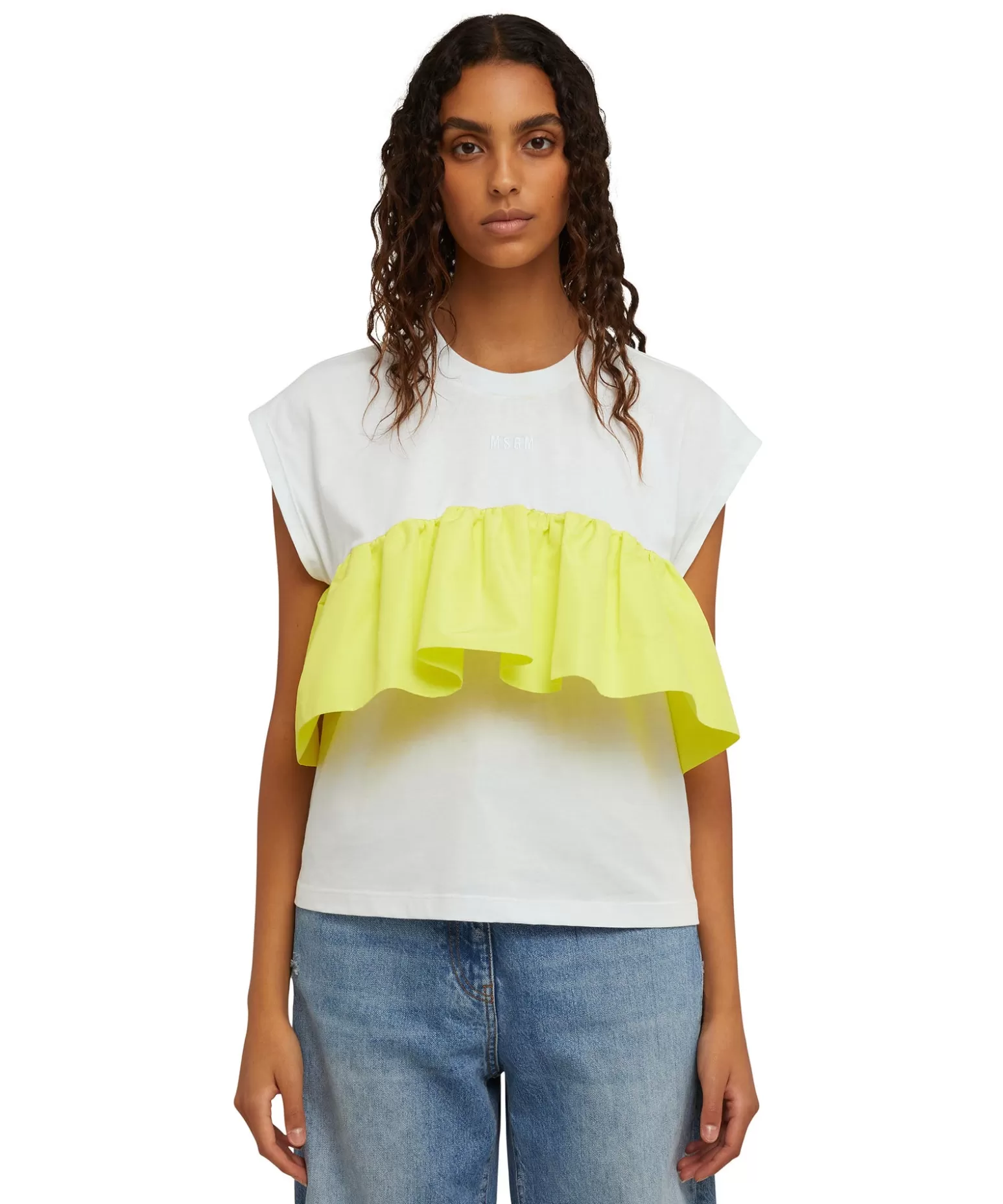 Donna MSGM T-Shirt Girocollo In Cotone Con Balza In Taffeta Applicata