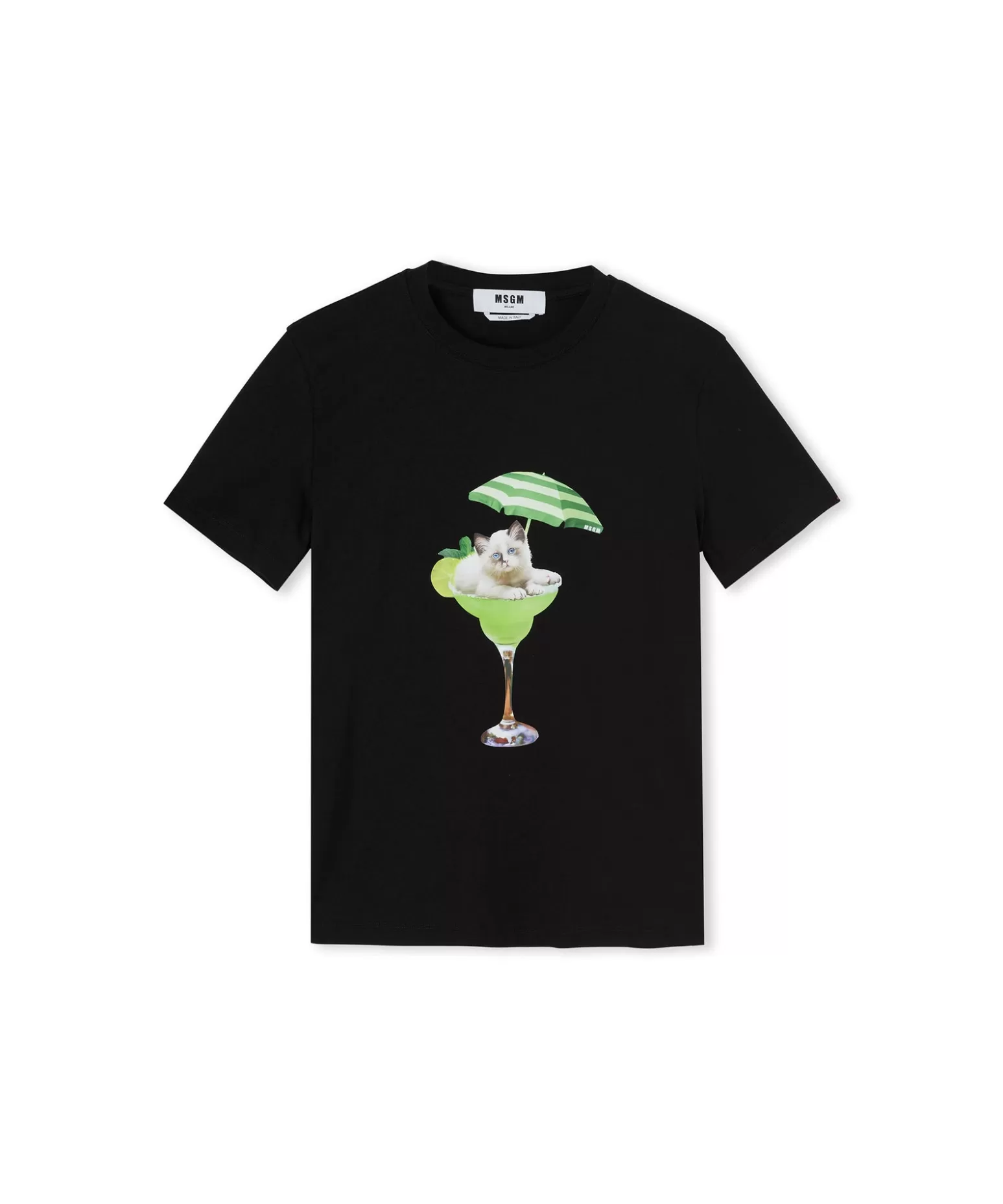 Donna MSGM T-Shirt Girocollo In Cotone Con Grafica "Cocktail Cat"