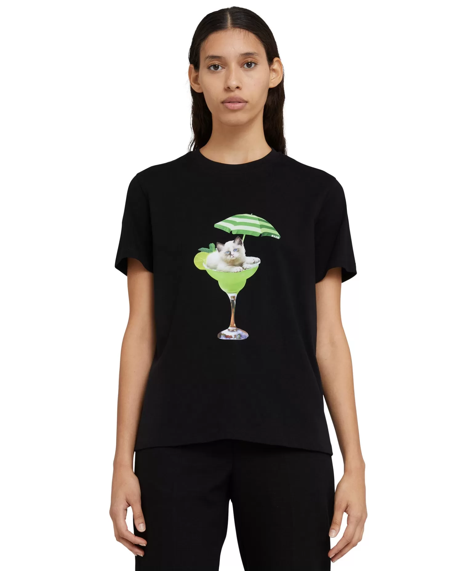 Donna MSGM T-Shirt Girocollo In Cotone Con Grafica "Cocktail Cat"