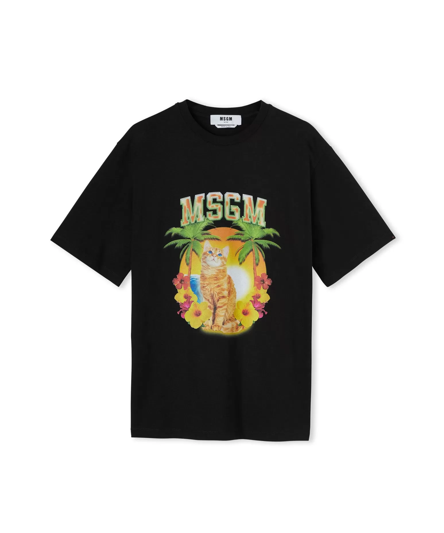 Donna MSGM T-Shirt Girocollo In Cotone Con Grafica "College Cat"