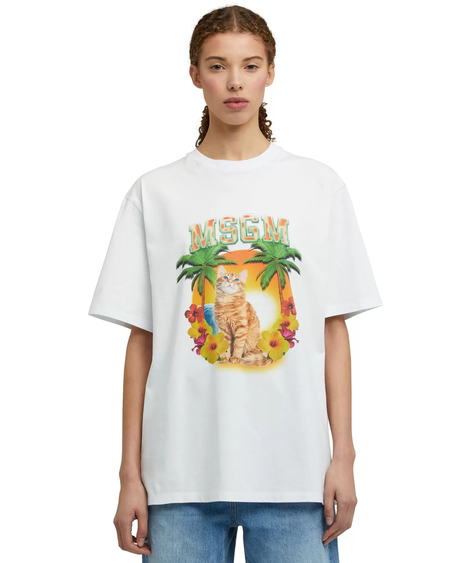 Donna MSGM T-Shirt Girocollo In Cotone Con Grafica "College Cat"