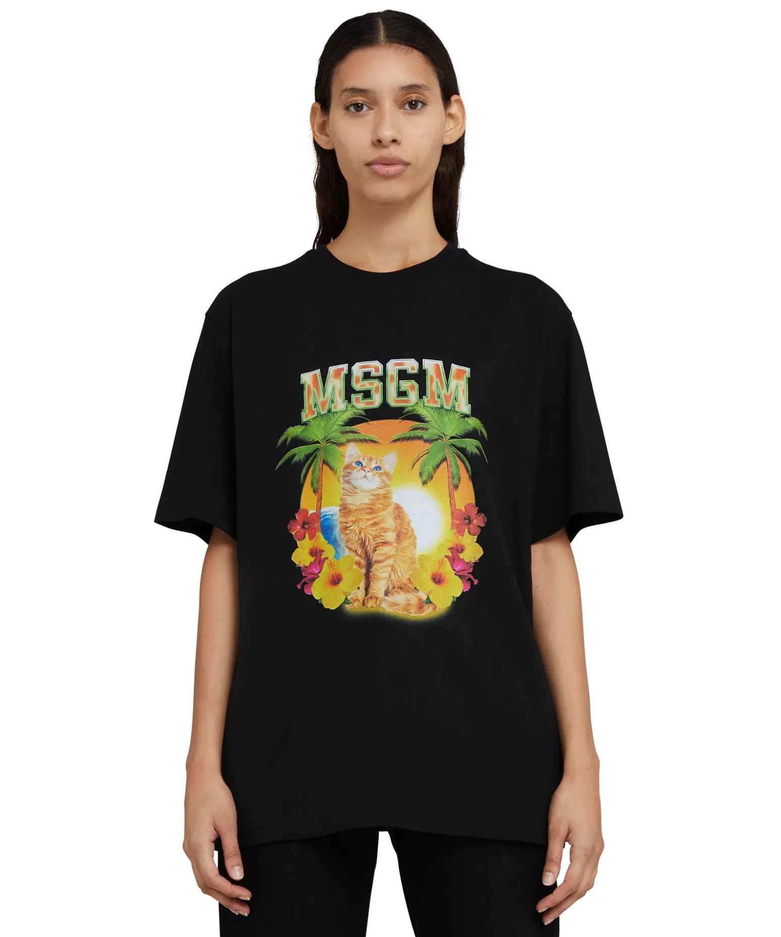 Donna MSGM T-Shirt Girocollo In Cotone Con Grafica "College Cat"