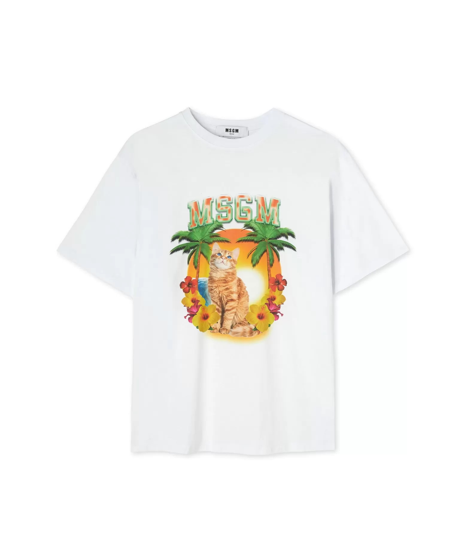 Donna MSGM T-Shirt Girocollo In Cotone Con Grafica "College Cat"