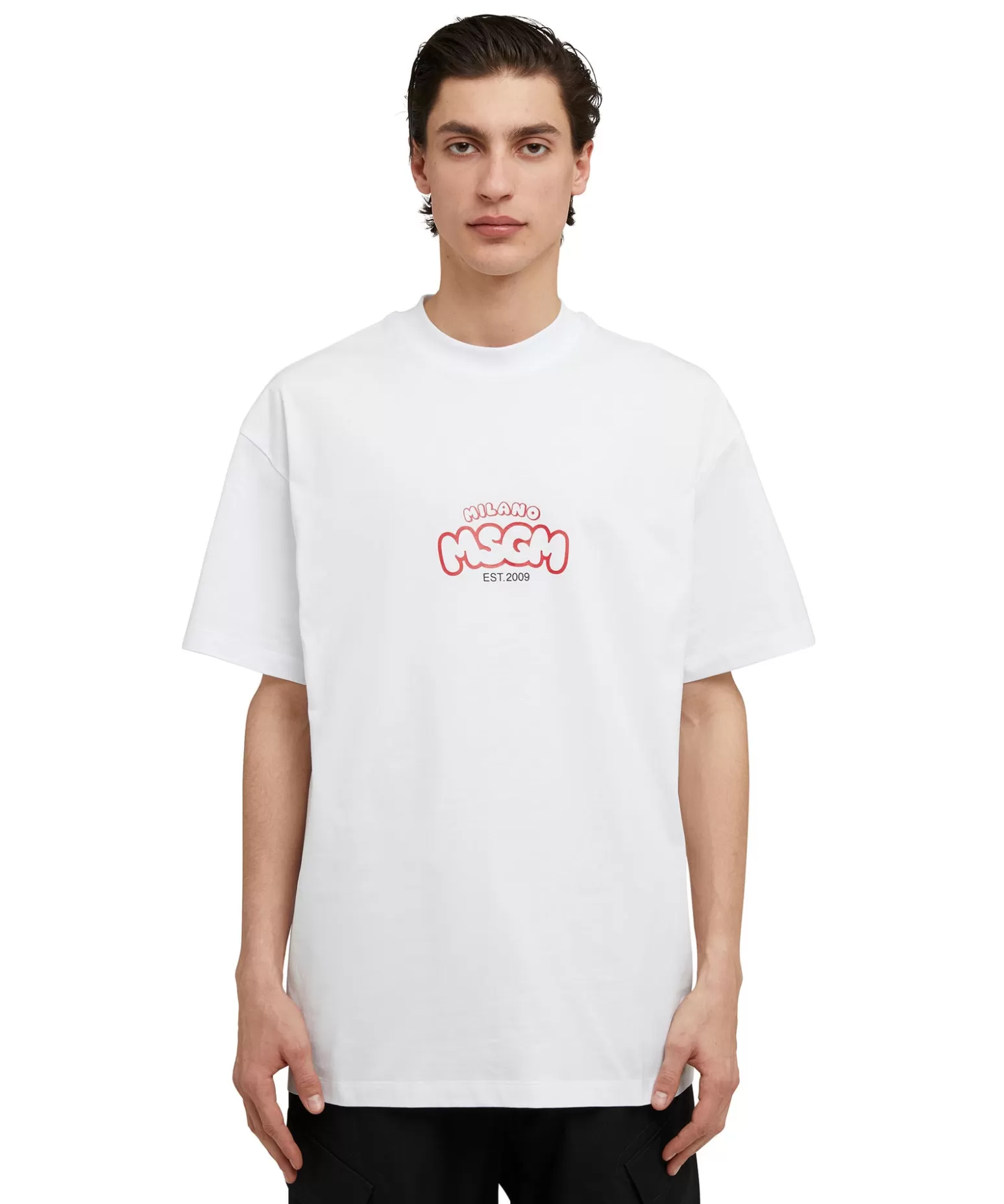 Uomo MSGM T-Shirt Girocollo In Cotone Con Logo E Grafica "Cocktail" Burro Studio X