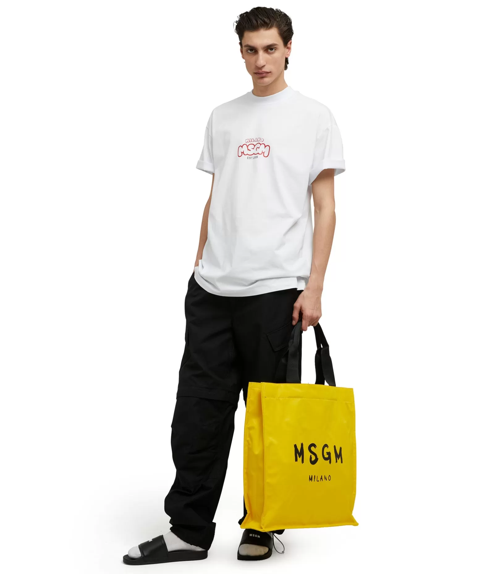 Uomo MSGM T-Shirt Girocollo In Cotone Con Logo E Grafica "Cocktail" Burro Studio X