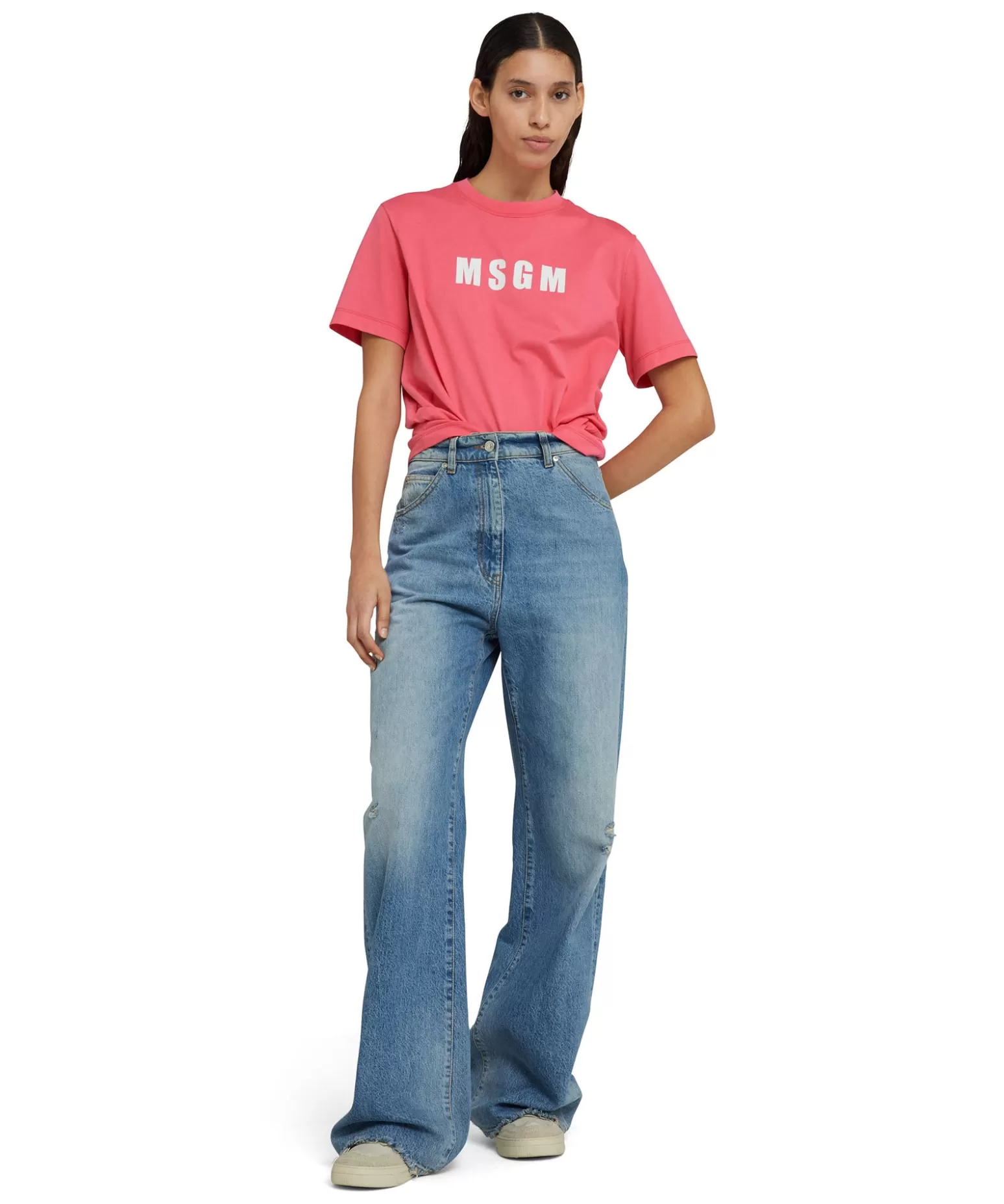 Donna MSGM T-Shirt Girocollo In Cotone Con Logo