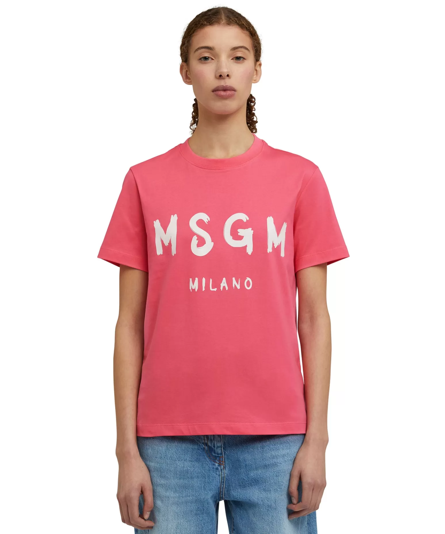 Donna MSGM T-Shirt Girocollo In Cotone Con Logo Pennellato