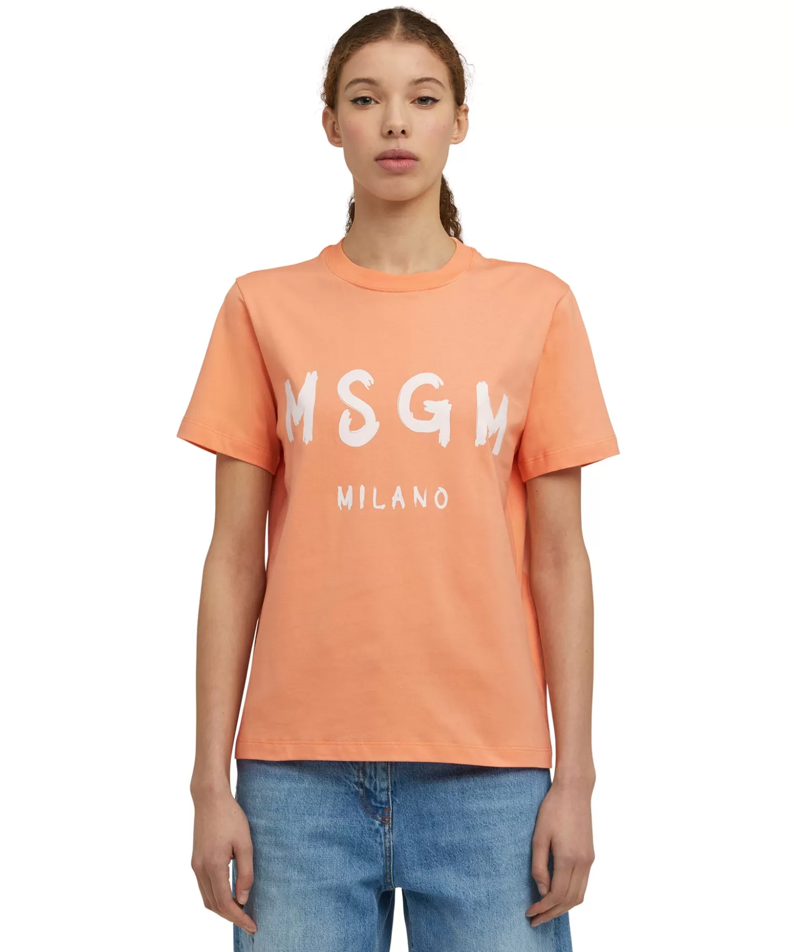 Donna MSGM T-Shirt Girocollo In Cotone Con Logo Pennellato