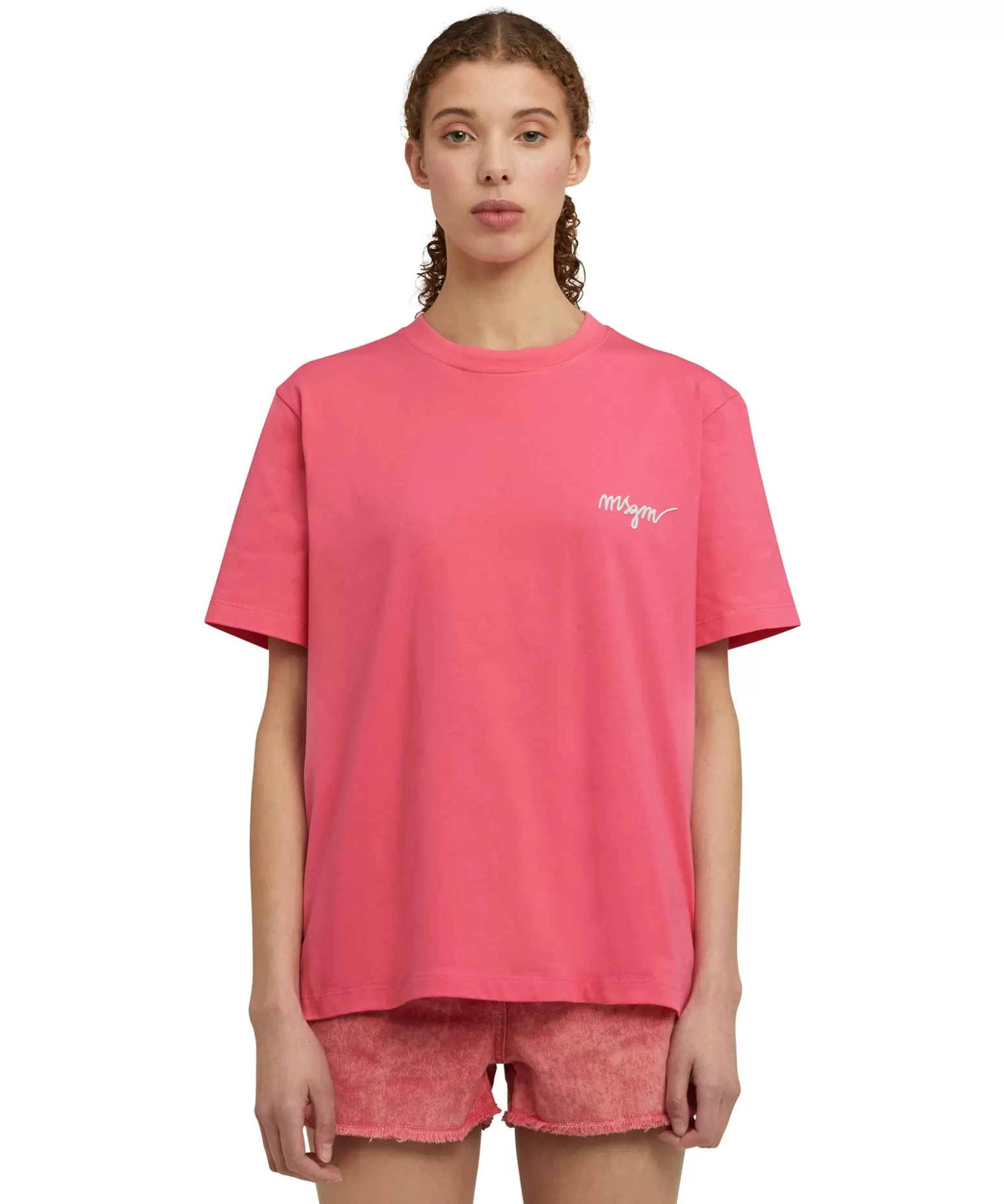 Donna MSGM T-Shirt Girocollo In Cotone Con Logo Multicolor Corsivo Ricamato