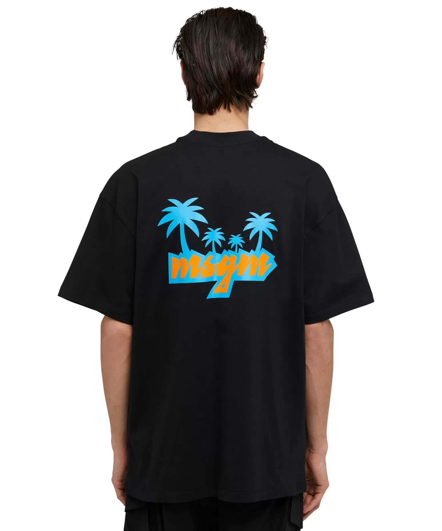 Uomo MSGM T-Shirt Girocollo In Cotone Con Logo Multicolor Corsivo Ricamato