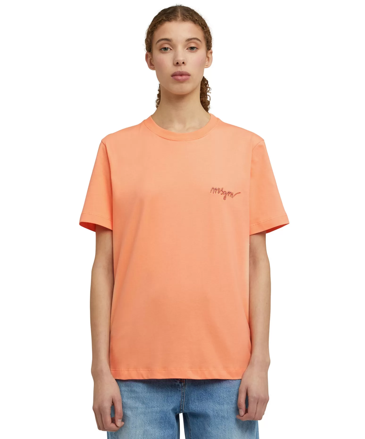 Donna MSGM T-Shirt Girocollo In Cotone Con Logo Multicolor Corsivo Ricamato
