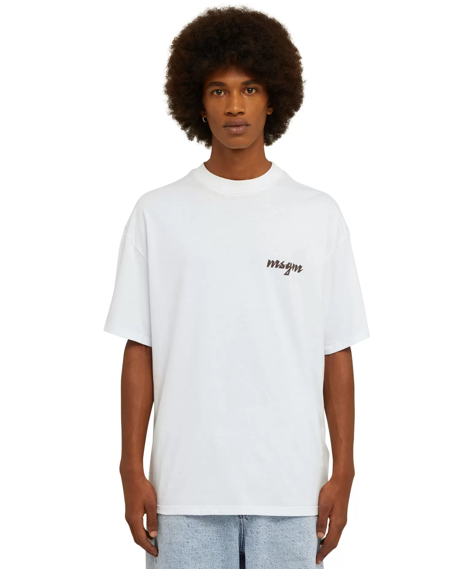 Uomo MSGM T-Shirt Girocollo In Cotone Con Logo Multicolor Corsivo Ricamato