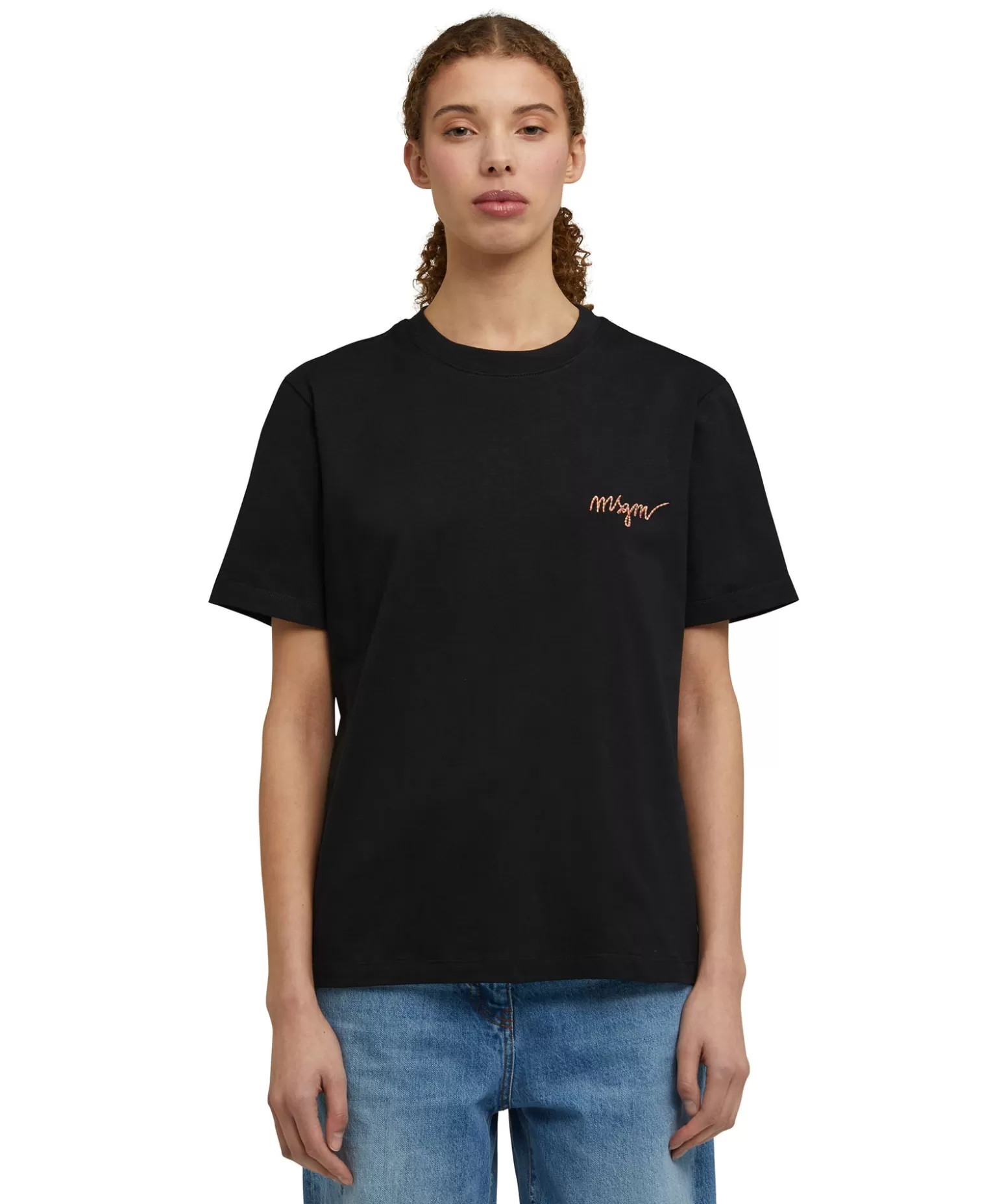 Donna MSGM T-Shirt Girocollo In Cotone Con Logo Multicolor Corsivo Ricamato
