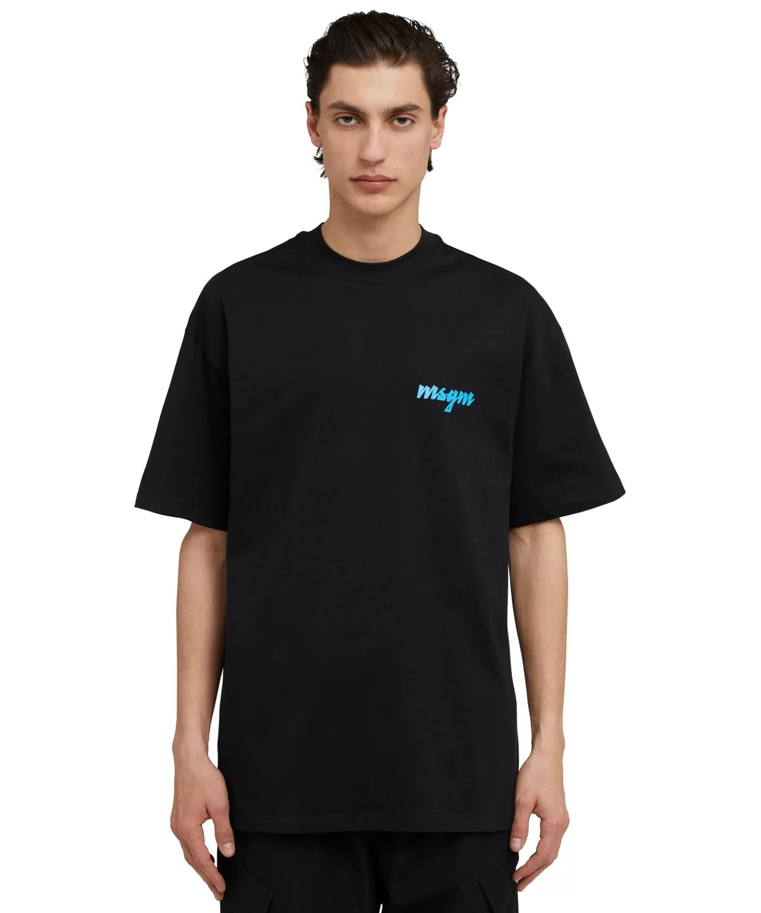 Uomo MSGM T-Shirt Girocollo In Cotone Con Logo Multicolor Corsivo Ricamato