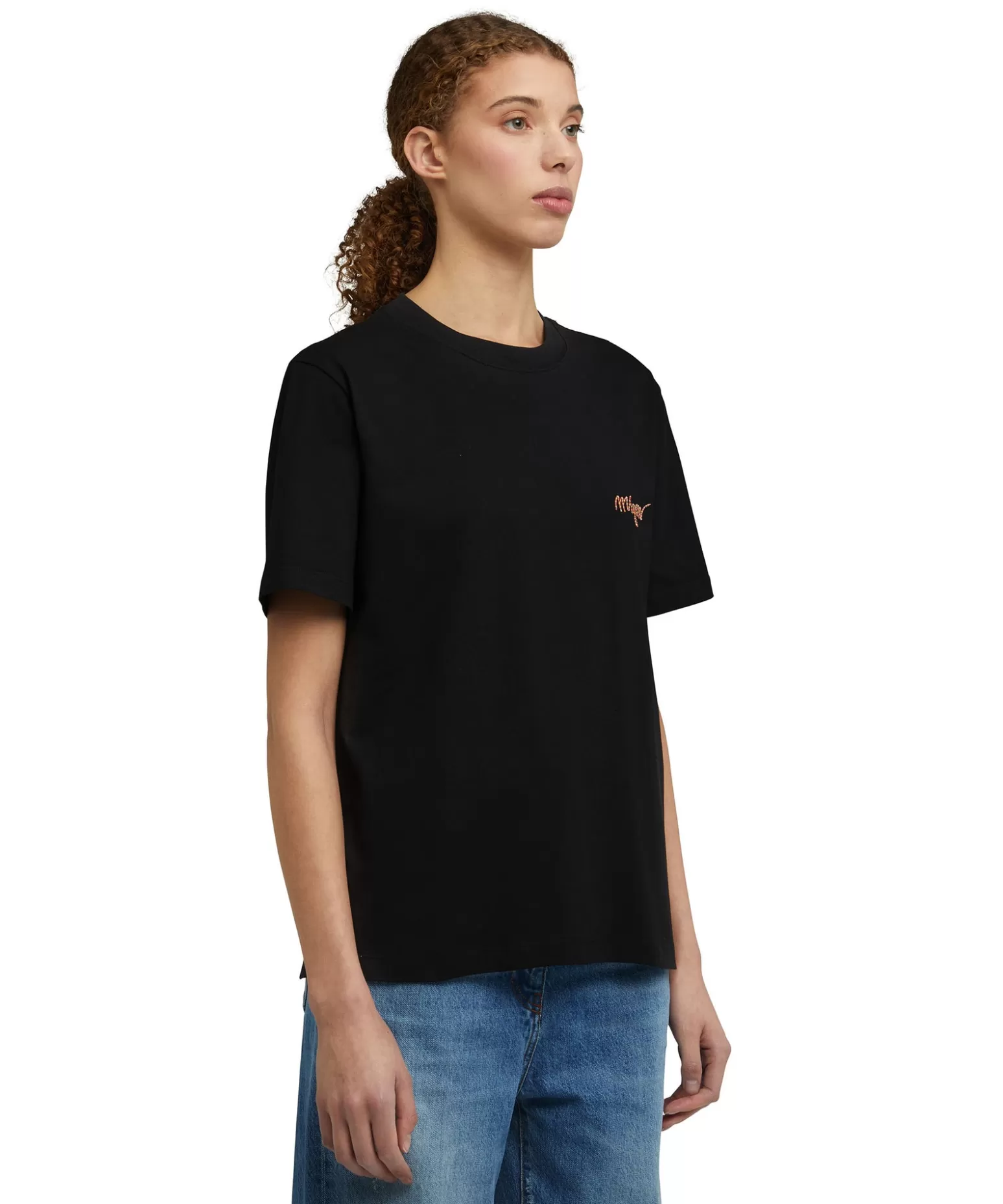 Donna MSGM T-Shirt Girocollo In Cotone Con Logo Multicolor Corsivo Ricamato