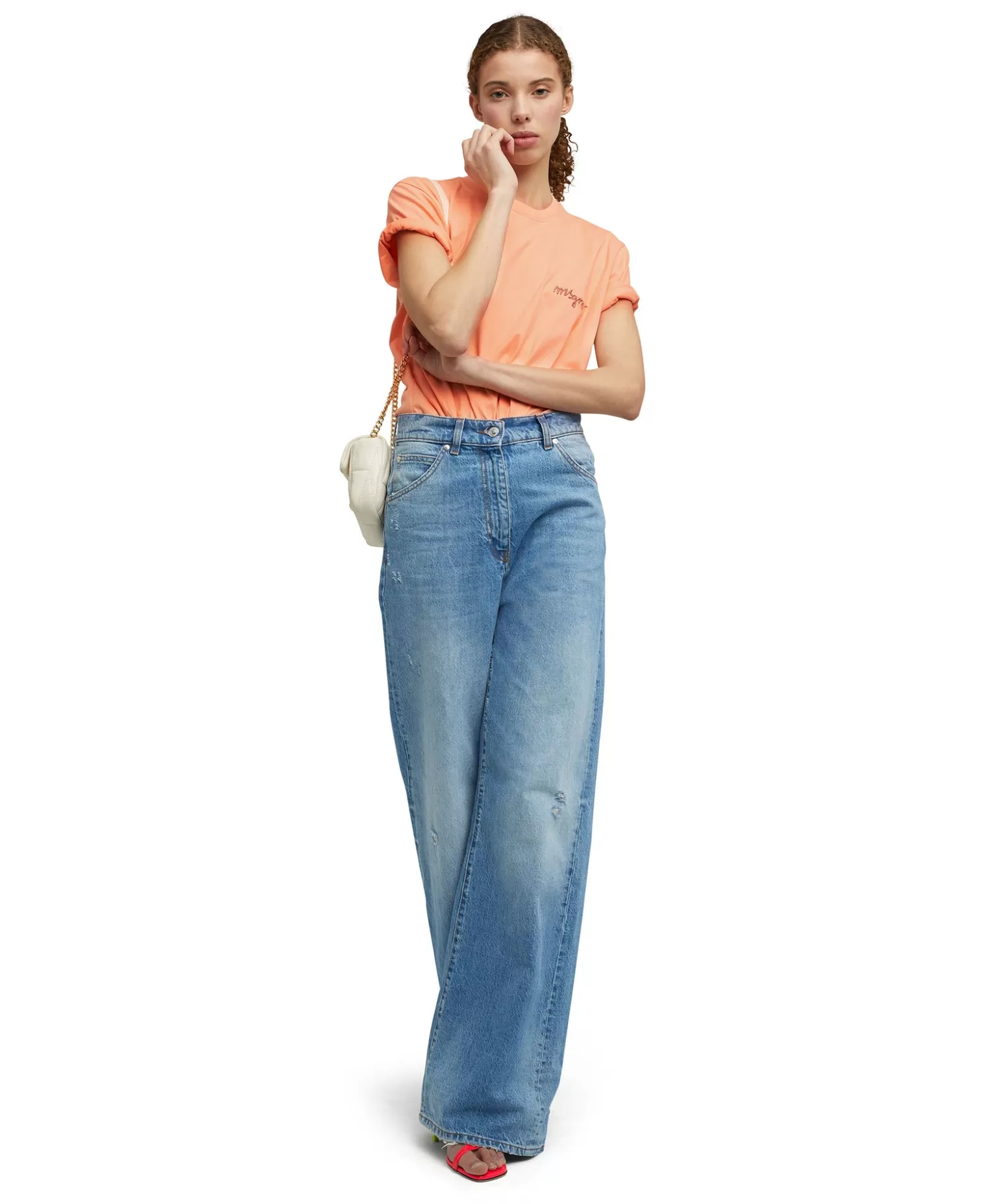 Donna MSGM T-Shirt Girocollo In Cotone Con Logo Multicolor Corsivo Ricamato