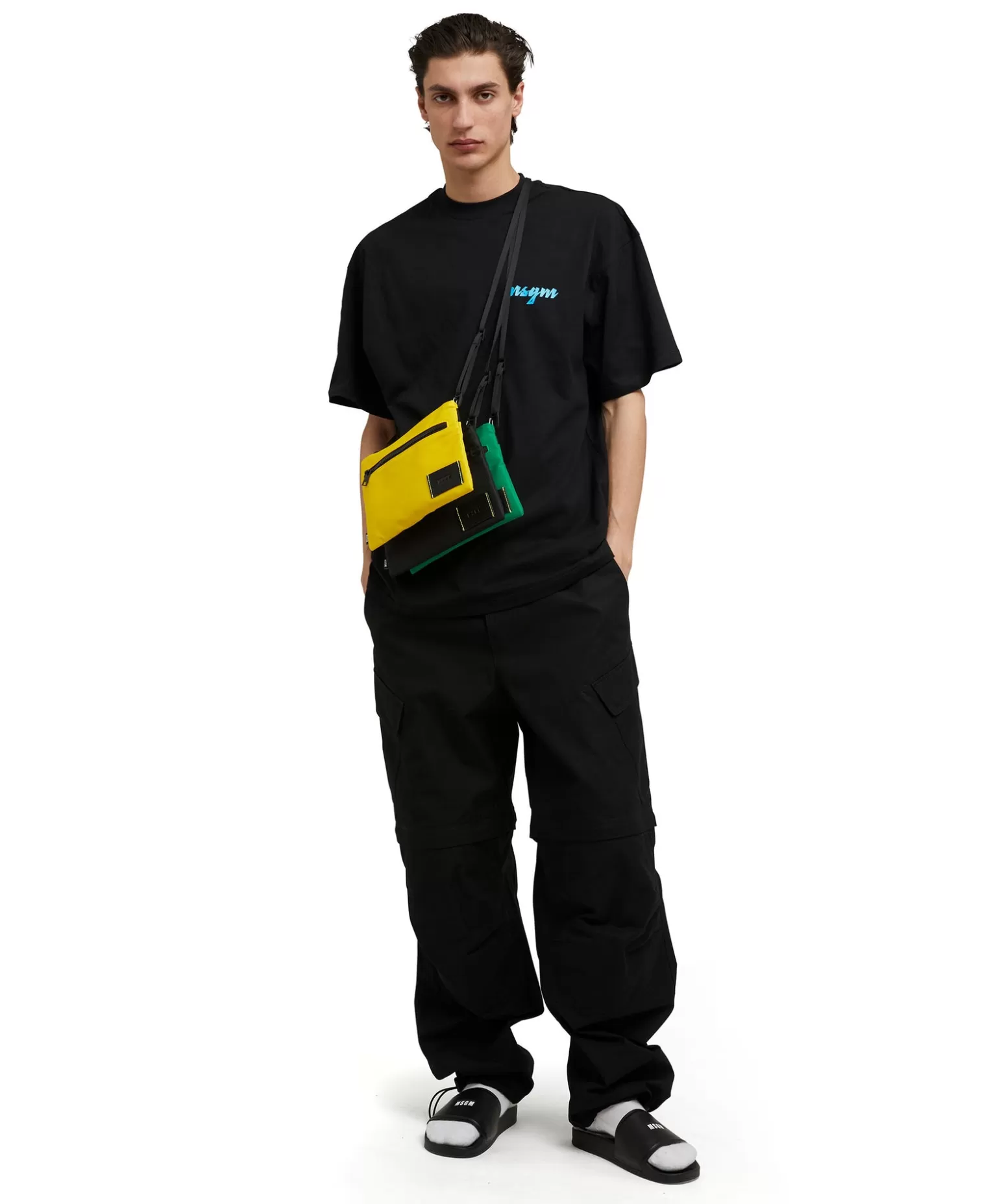 Uomo MSGM T-Shirt Girocollo In Cotone Con Logo Multicolor Corsivo Ricamato