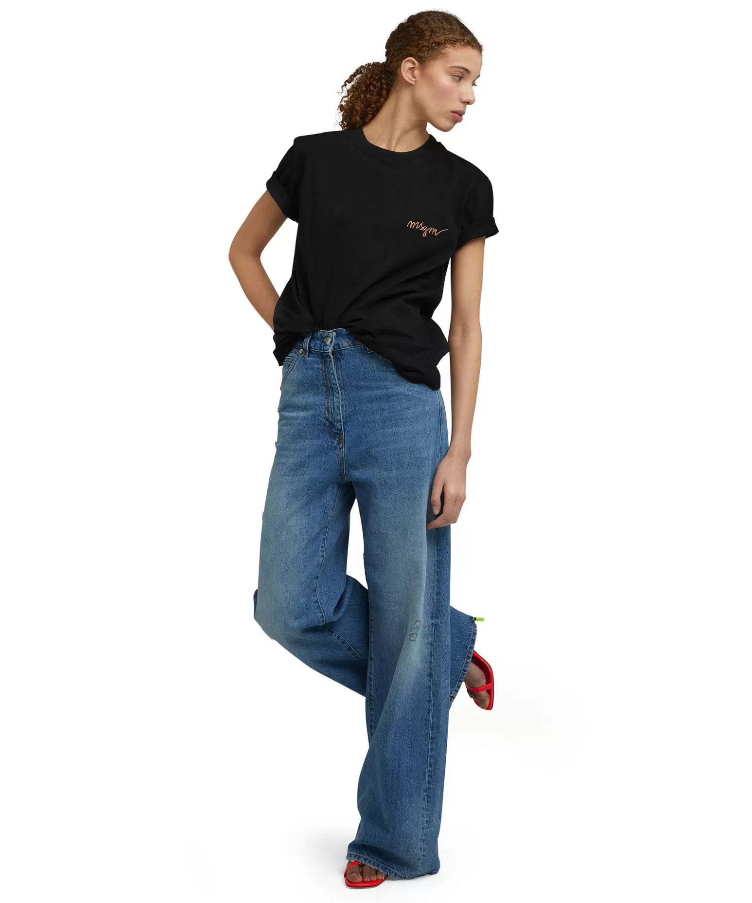 Donna MSGM T-Shirt Girocollo In Cotone Con Logo Multicolor Corsivo Ricamato