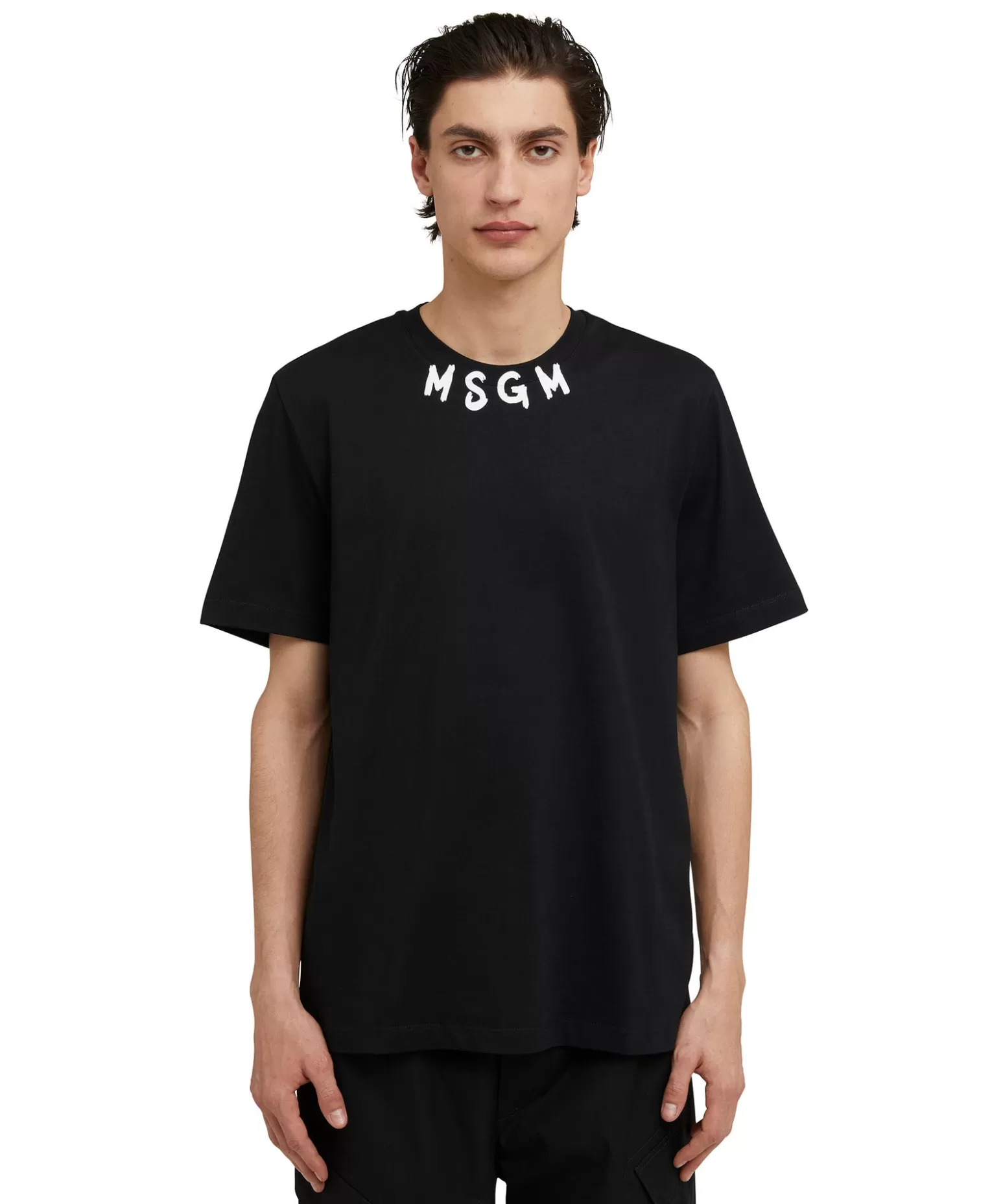 Uomo MSGM T-Shirt Girocollo In Cotone Con Logo Pennellato Posizionato Sul Collo