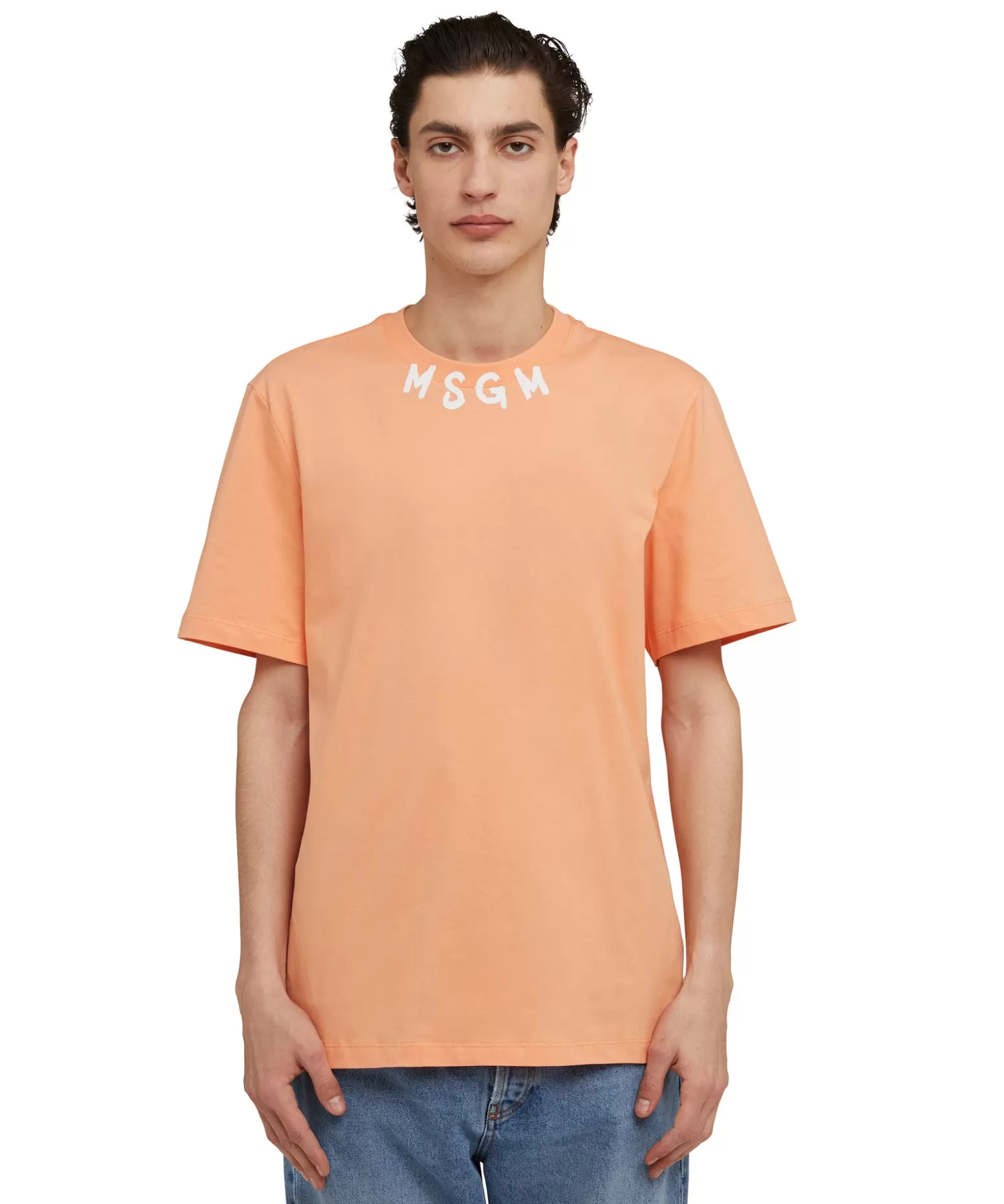 Uomo MSGM T-Shirt Girocollo In Cotone Con Logo Pennellato Posizionato Sul Collo