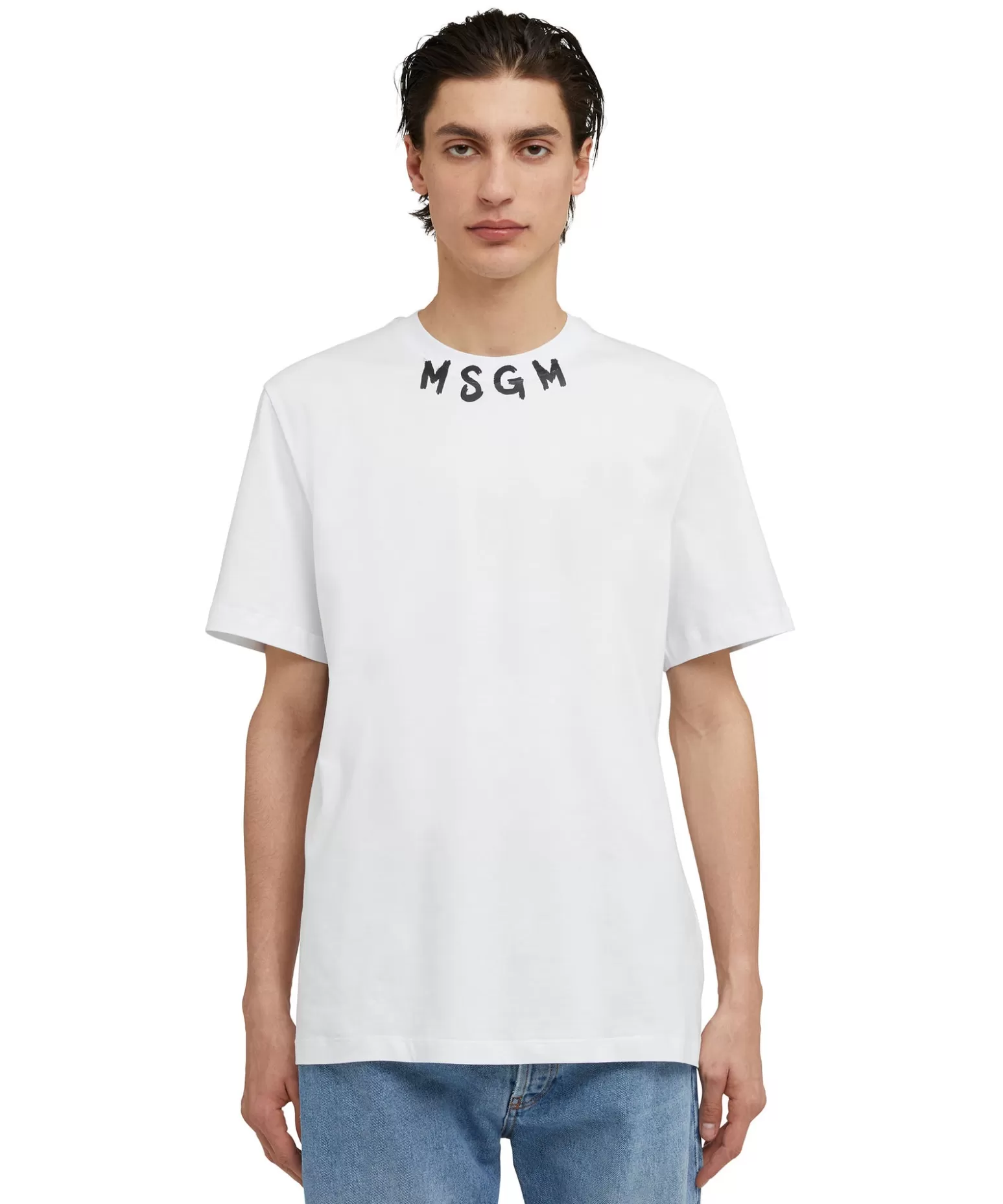Uomo MSGM T-Shirt Girocollo In Cotone Con Logo Pennellato Posizionato Sul Collo
