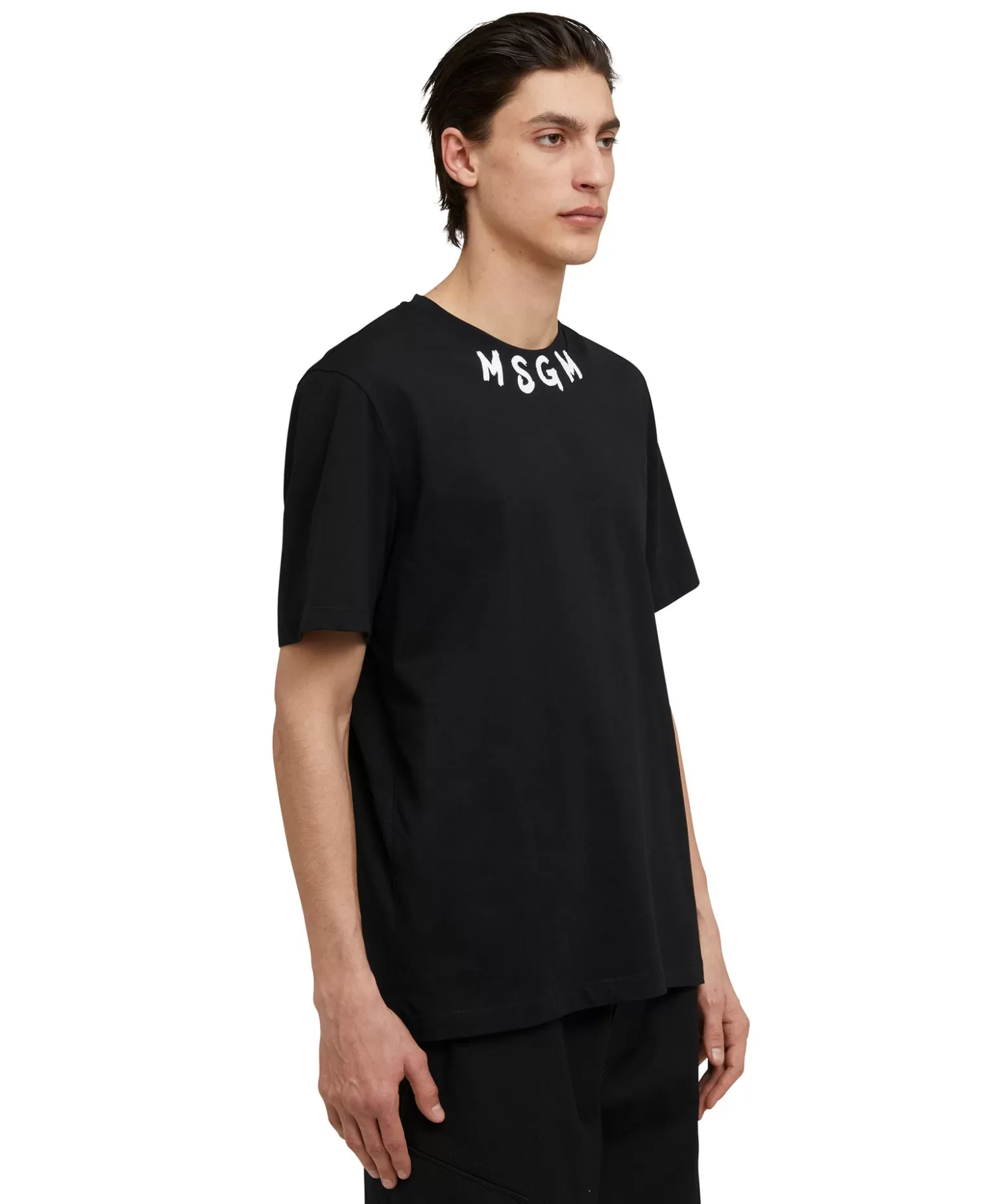Uomo MSGM T-Shirt Girocollo In Cotone Con Logo Pennellato Posizionato Sul Collo
