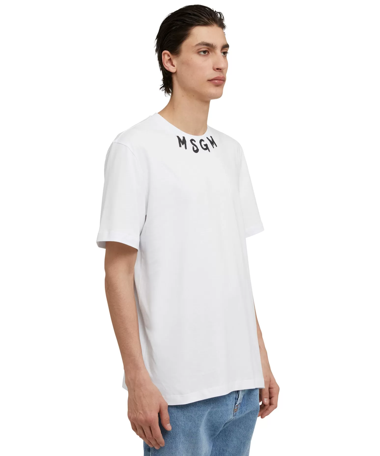 Uomo MSGM T-Shirt Girocollo In Cotone Con Logo Pennellato Posizionato Sul Collo