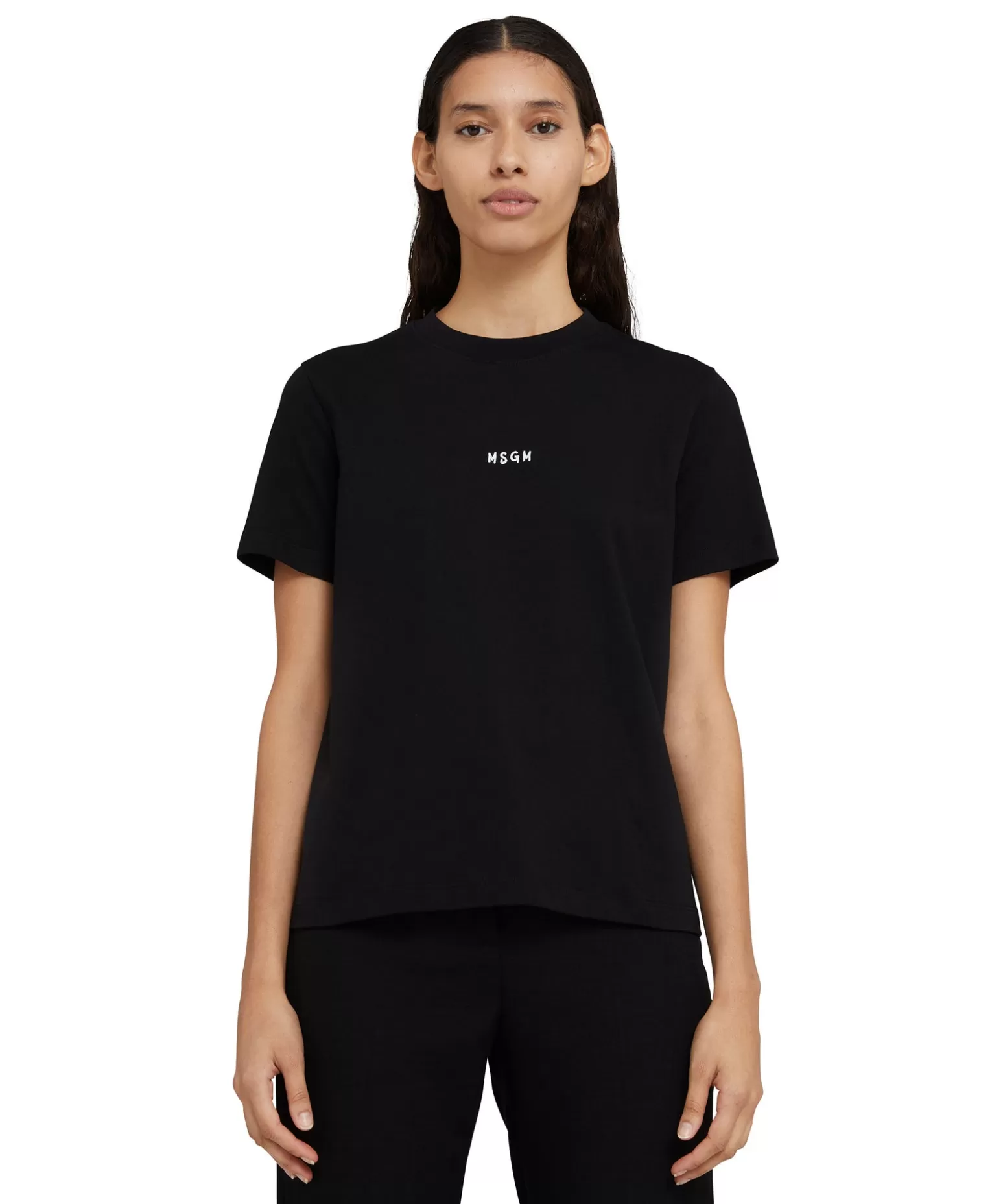 Donna MSGM T-Shirt Girocollo In Cotone Con Micro Logo