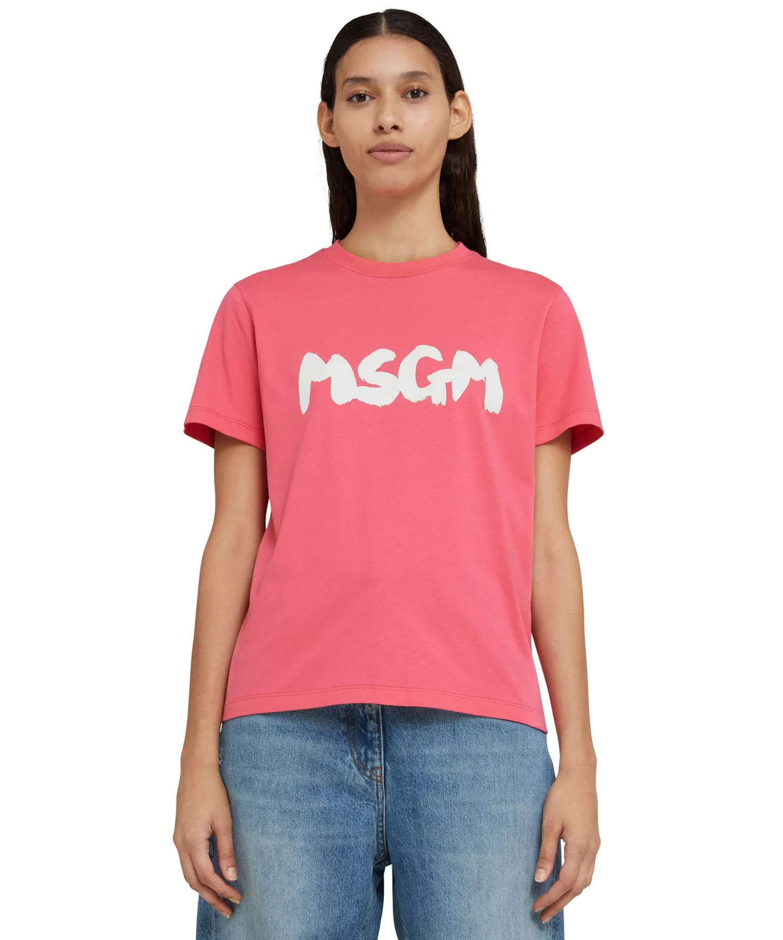 Donna MSGM T-Shirt Girocollo In Cotone Con Nuovo Logo Pennellato