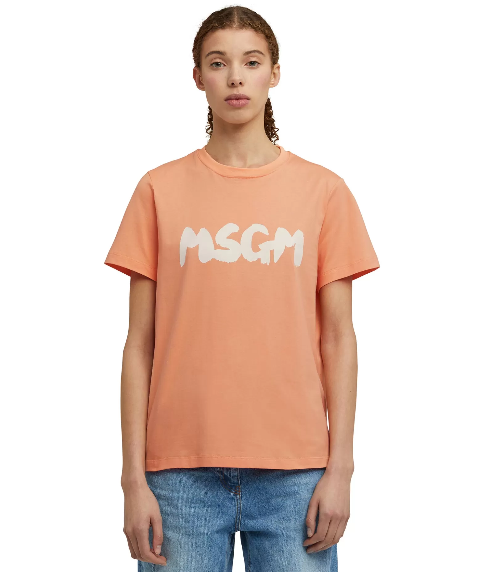 Donna MSGM T-Shirt Girocollo In Cotone Con Nuovo Logo Pennellato