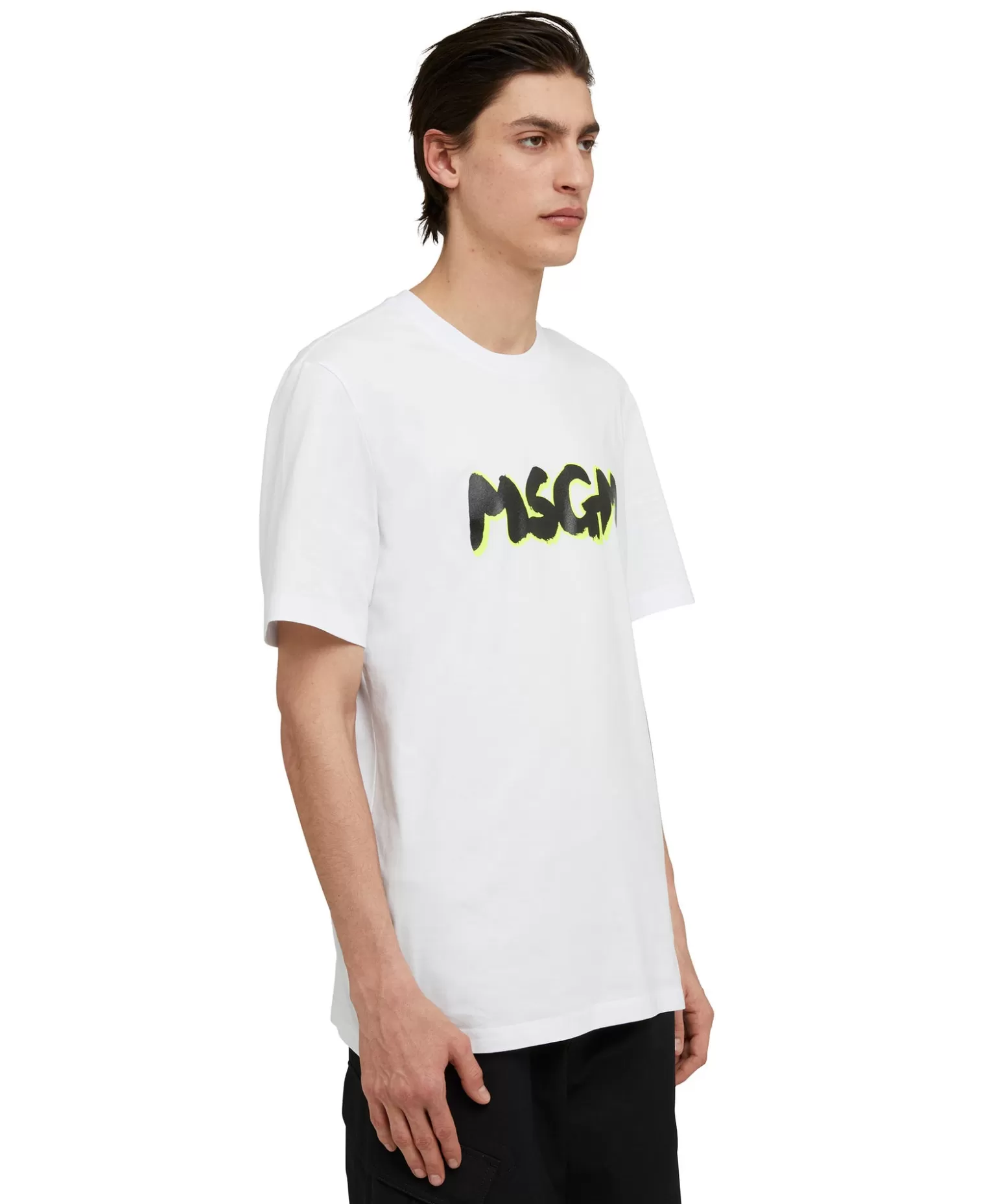 Uomo MSGM T-Shirt Girocollo In Cotone Con Nuovo Logo Pennellato Con Ombra Fluo
