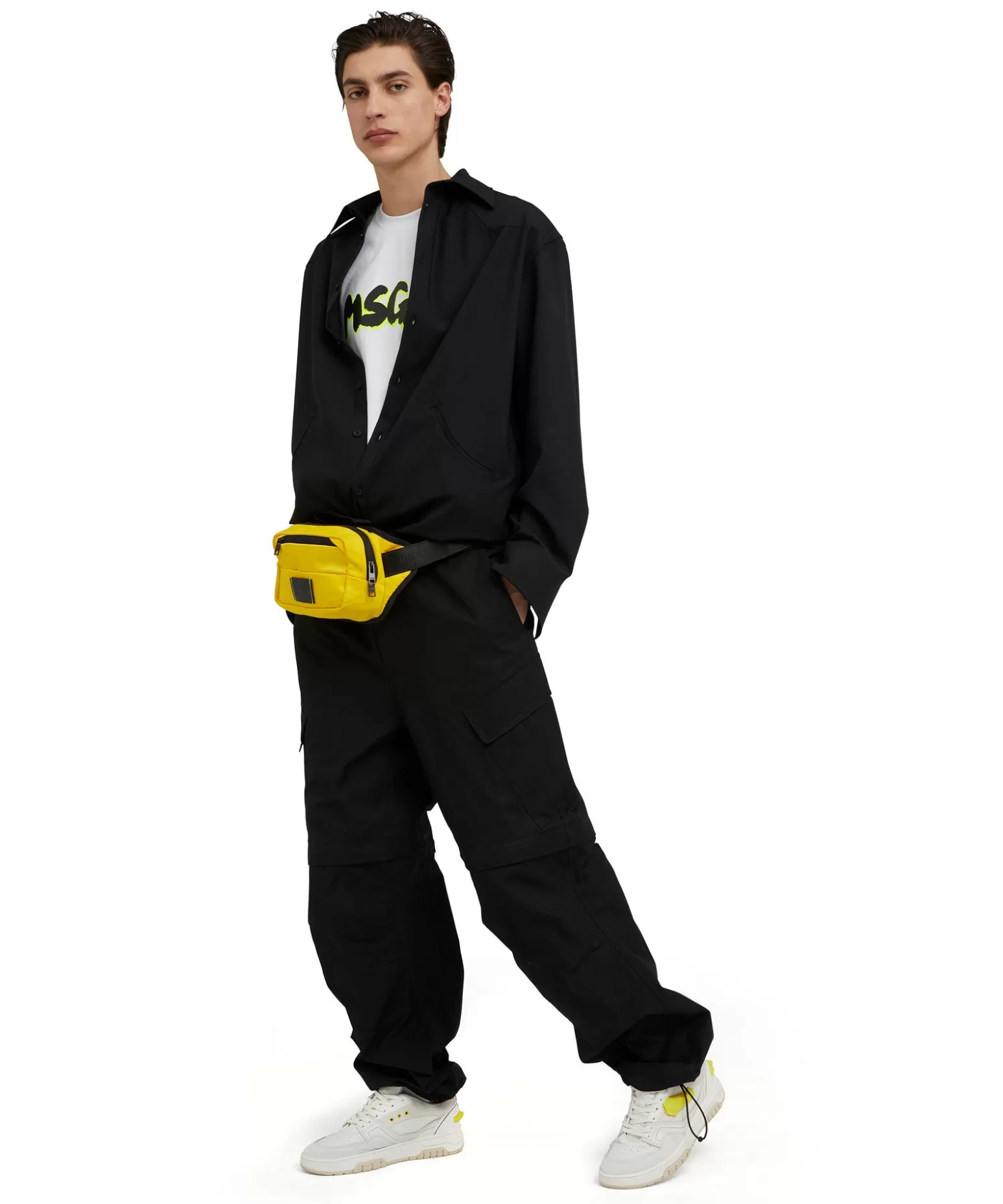 Uomo MSGM T-Shirt Girocollo In Cotone Con Nuovo Logo Pennellato Con Ombra Fluo