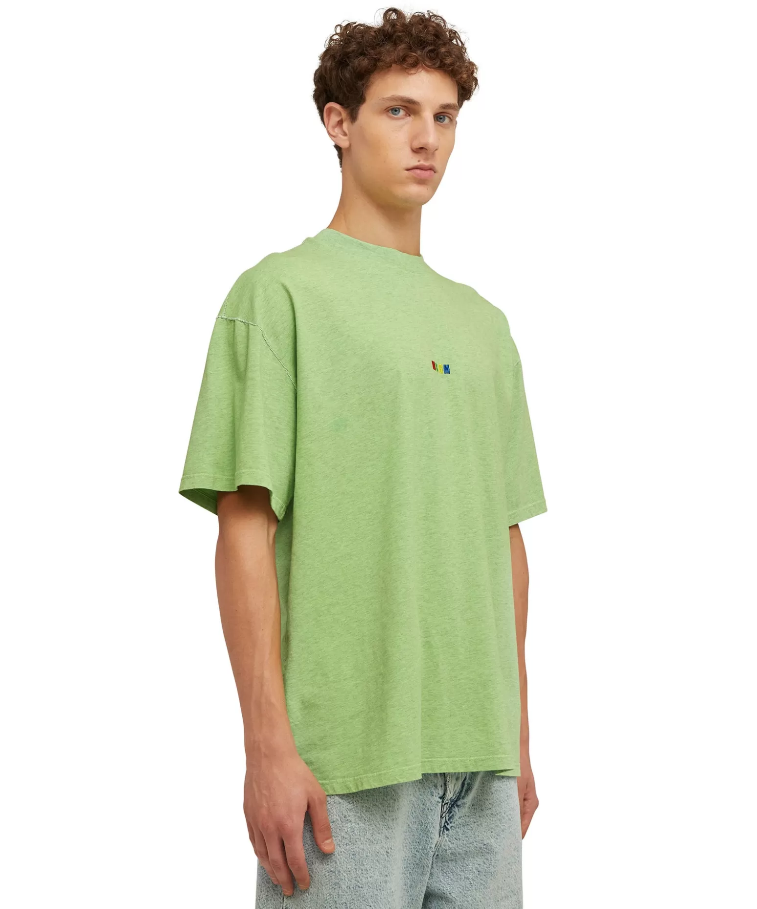Uomo MSGM T-Shirt Girocollo In Cotone Melange Con Micro Logo Rainbow Ricamato