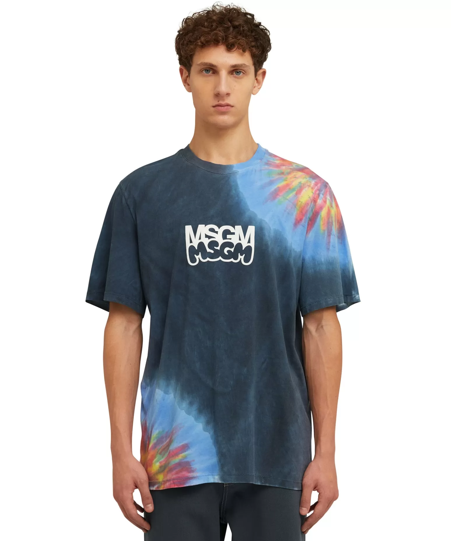 Uomo MSGM T-Shirt Girocollo In Cotone Tie Dye Con Logo E Grafica Burro Studio X