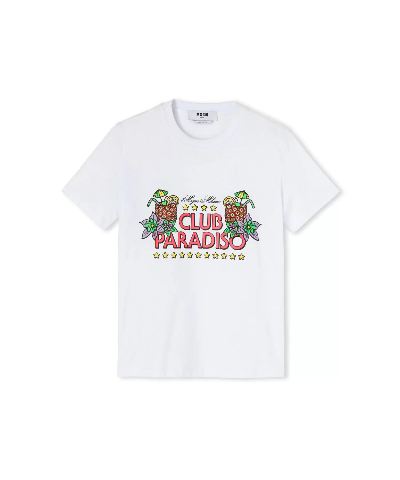 Donna MSGM T-Shirt Girocollo In Cotone Tinta Unita Con Grafica "Club Paradiso"