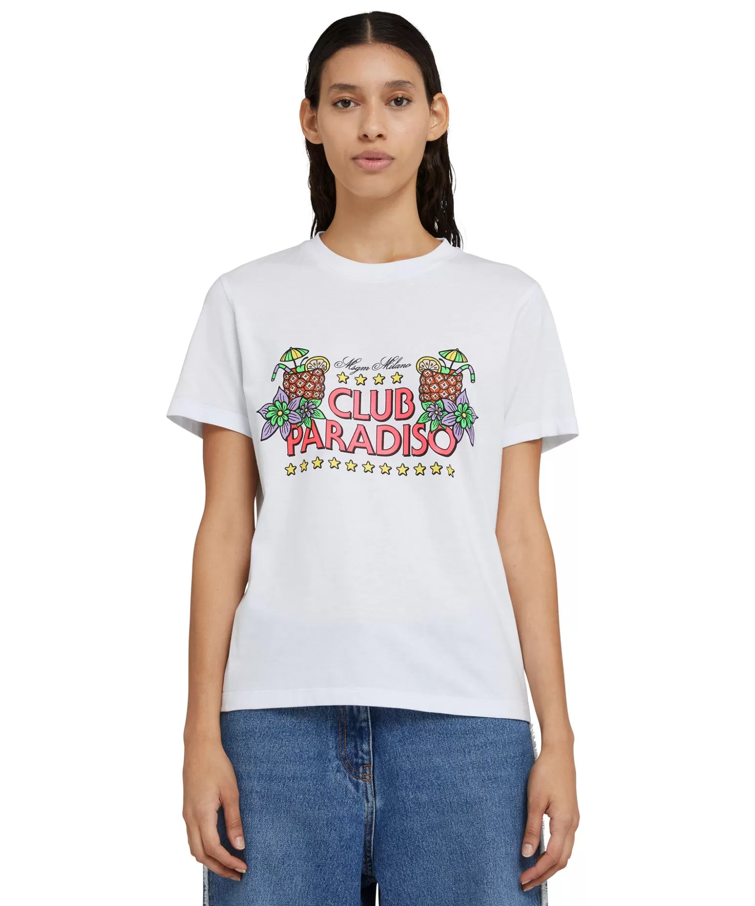 Donna MSGM T-Shirt Girocollo In Cotone Tinta Unita Con Grafica "Club Paradiso"