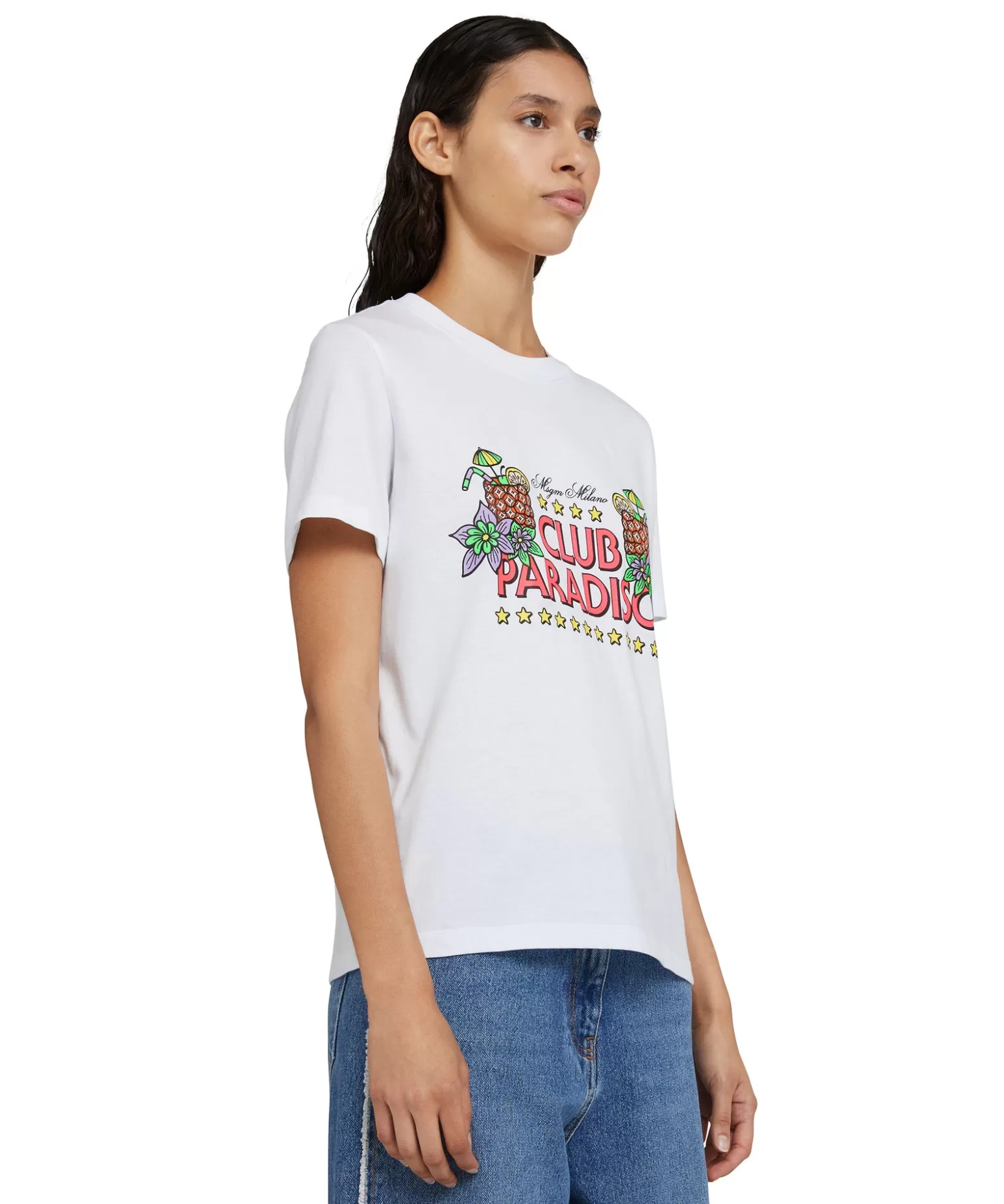 Donna MSGM T-Shirt Girocollo In Cotone Tinta Unita Con Grafica "Club Paradiso"