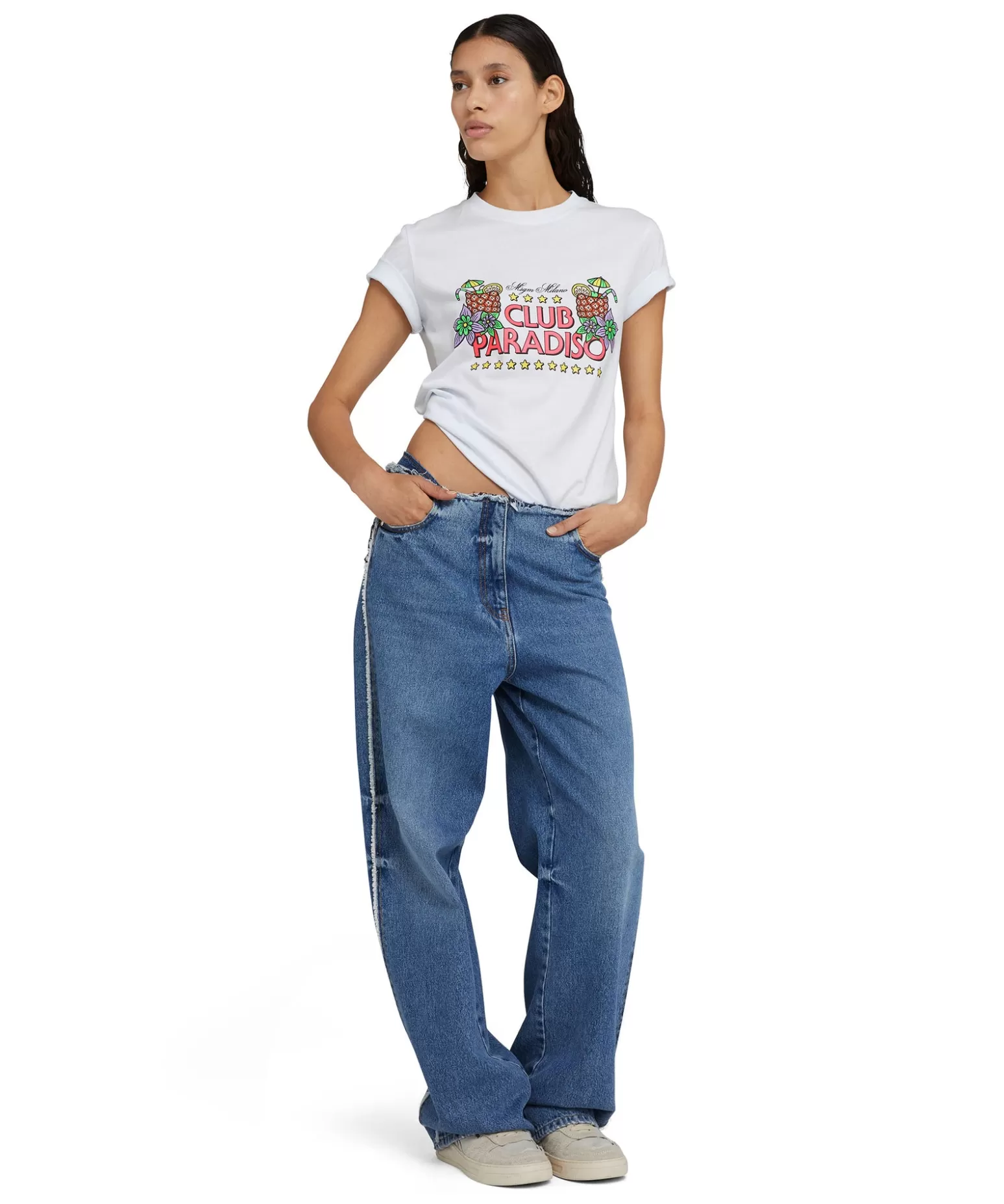 Donna MSGM T-Shirt Girocollo In Cotone Tinta Unita Con Grafica "Club Paradiso"