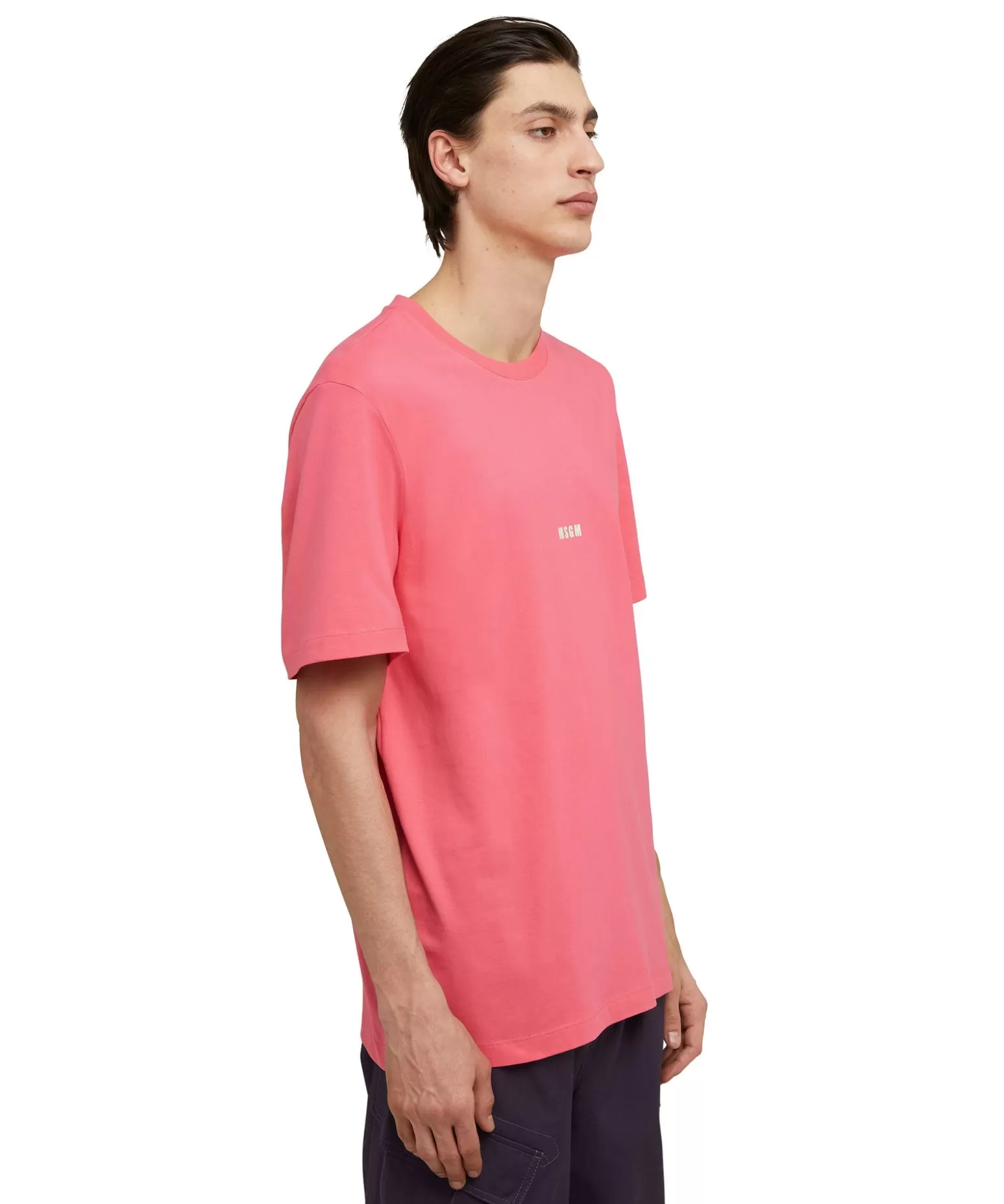 Uomo MSGM T-Shirt Girocollo In Cotone Tinta Unita Con Micro Logo