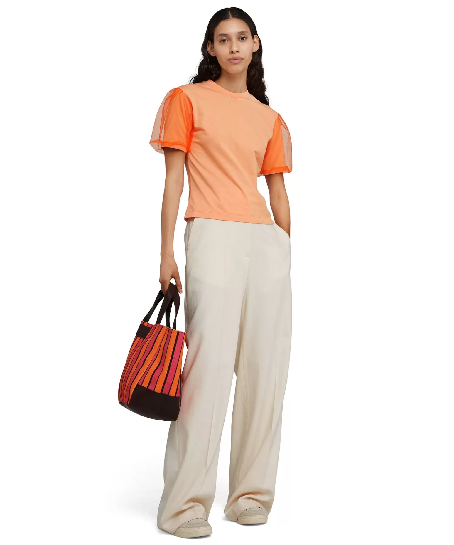 Donna MSGM T-Shirt Girocollo In Tinta Unita In Cotone Con Maniche In Tulle