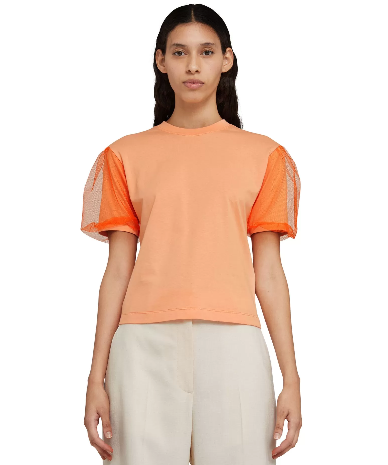 Donna MSGM T-Shirt Girocollo In Tinta Unita In Cotone Con Maniche In Tulle